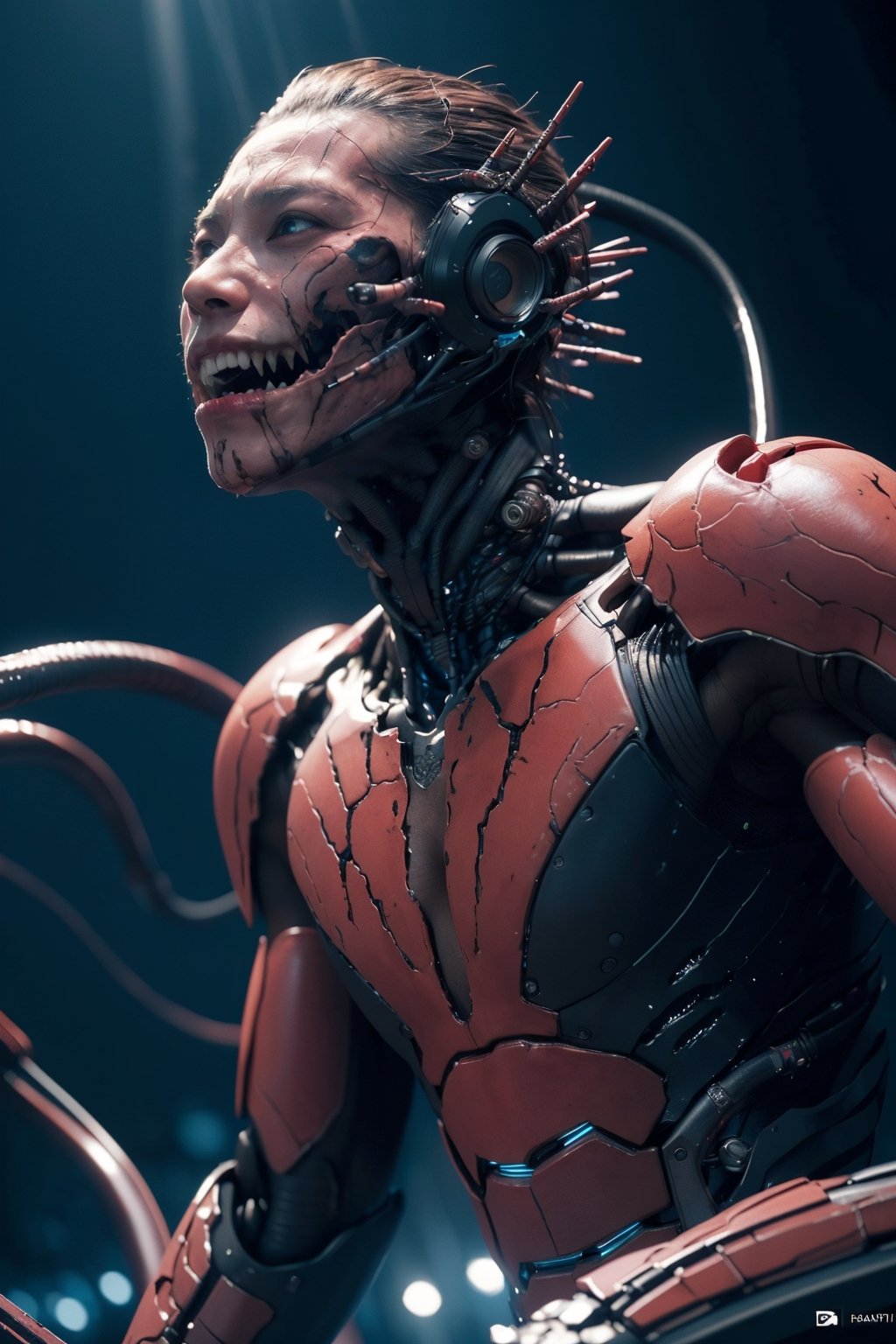 a cybermutant flesh mutant made of pulsating flesh and biomechanical limbs, hyper mutant girl, fusion of flesh and machine, quivering tumors, fleshy growths, mutagenic, cybernetic hoses, wires, anime style, 2d, fighting game style masterpiece, best quality, ultra realistic, 32k, RAW photo, detail skin, 8k uhd, dslr, high quality, film grain,\nShort and messy hair, dynamic, vibrant, action-packed, detailed character design, reminiscent of fighting video games, black bloody veins growing and intertwining out of the darkness, oozing thick neon rainbow blood, veins growing and pumping blood, vascular networks growing, connecting, expanding, red veins everywhere, zdzislaw beksinski, (vibrant colors:1.1), (Infrared:1.2), Rust, Hypercube, ultra detailed, intricate, oil on canvas, ((dry brush, ultra sharp)), (surrealism:1.1), (disturbing:1.1), beksinski style painting, sparks, lens flare, rim lighting, backlighting, RTX, Post Processing, satanic cross, man body, muscular, venom costume, (japanese portal), death shadow nightmare ethereal beast, floating into the abyssal heights, nebula, cinematic, dreaming, Film light, bathing in light, very sharp focus, Hyper detailed, Hyper realistic, masterpiece, spiritual, surreal, atmospheric, maroon cream bronze, High resolution, Vibrant, High contrast, dark angle, 8k, HDR, 500px, dystopian