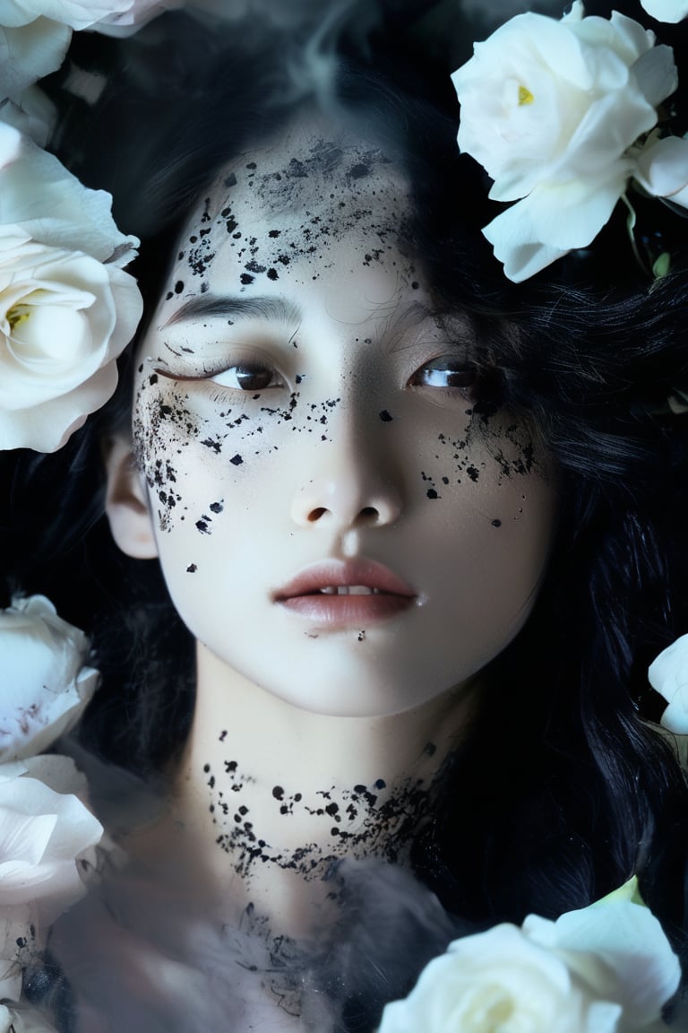 Beautiful female, made with black on white smoky layers, floating embers, surrealism,faize, flowers,