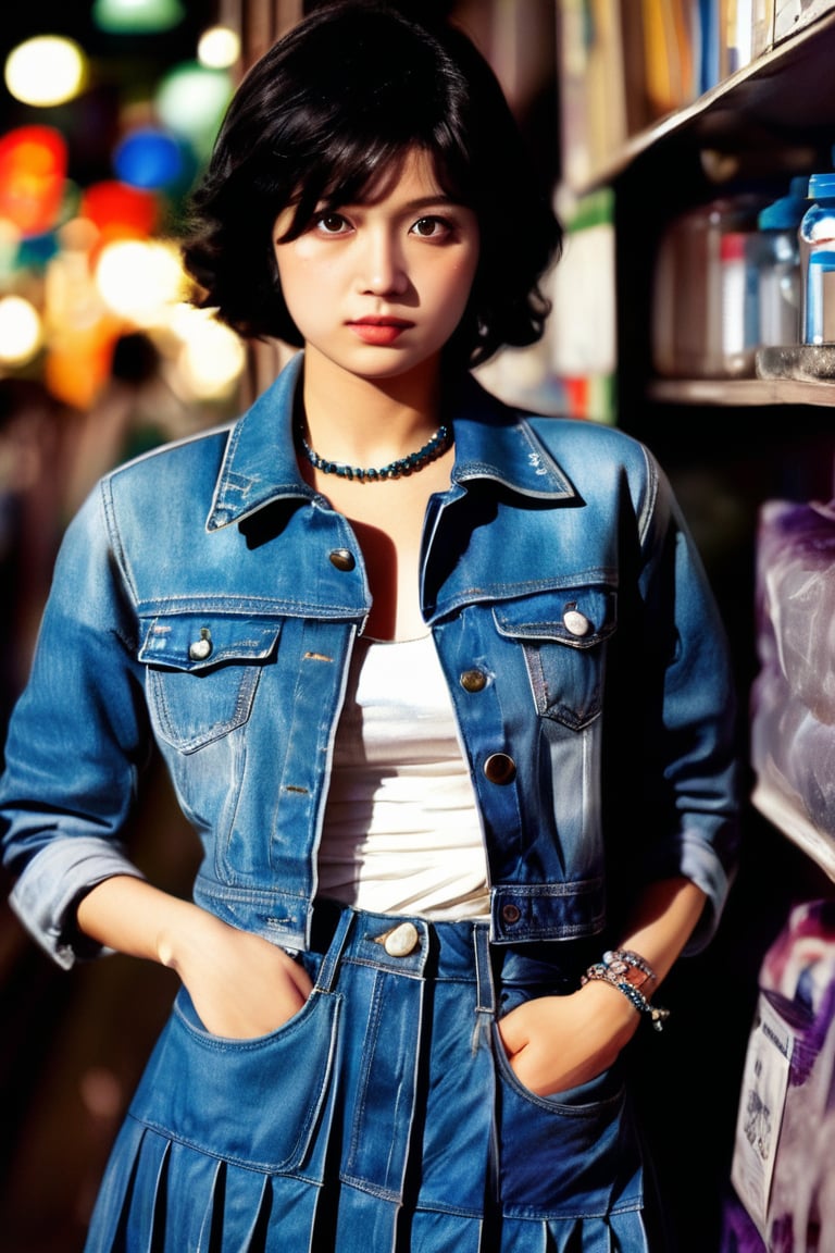 1girl, solo, looking at viewer, short hair, skirt, black hair, jewelry, jacket, earrings, necklace, black eyes, hand on hip, denim, blue jacket, realistic, denim jacket, hongkong 80s