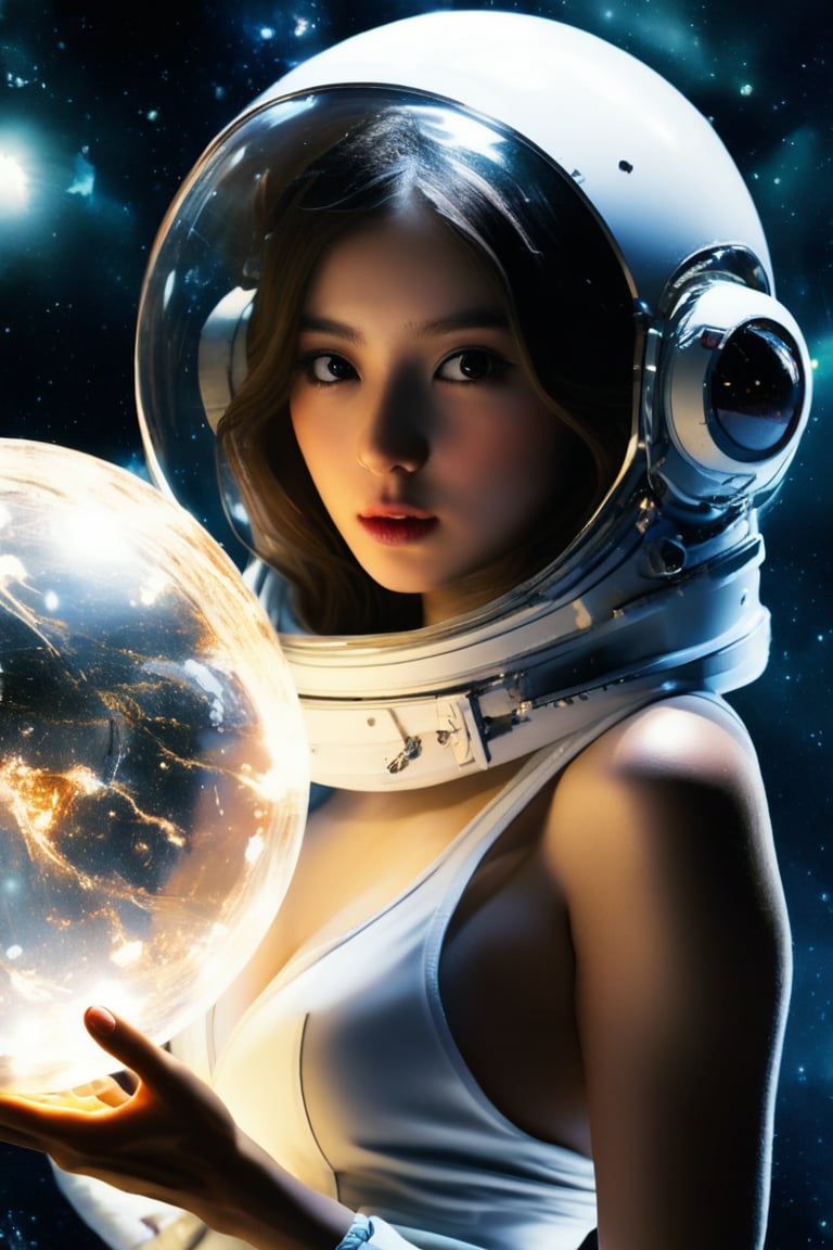 cinematic photo, 4k photo, extremely detail, sexy girl, floating in space, between the star, holding glowing globe moon, ((full glass astronat helmet)), ((sexy)), transparent astronat clothes, white, full body, pretty face, closeup shot ,painting by jakub rozalski,