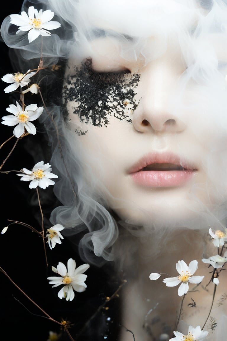 Beautiful female, made with black on white smoky layers, floating embers, surrealism,faize, flowers,