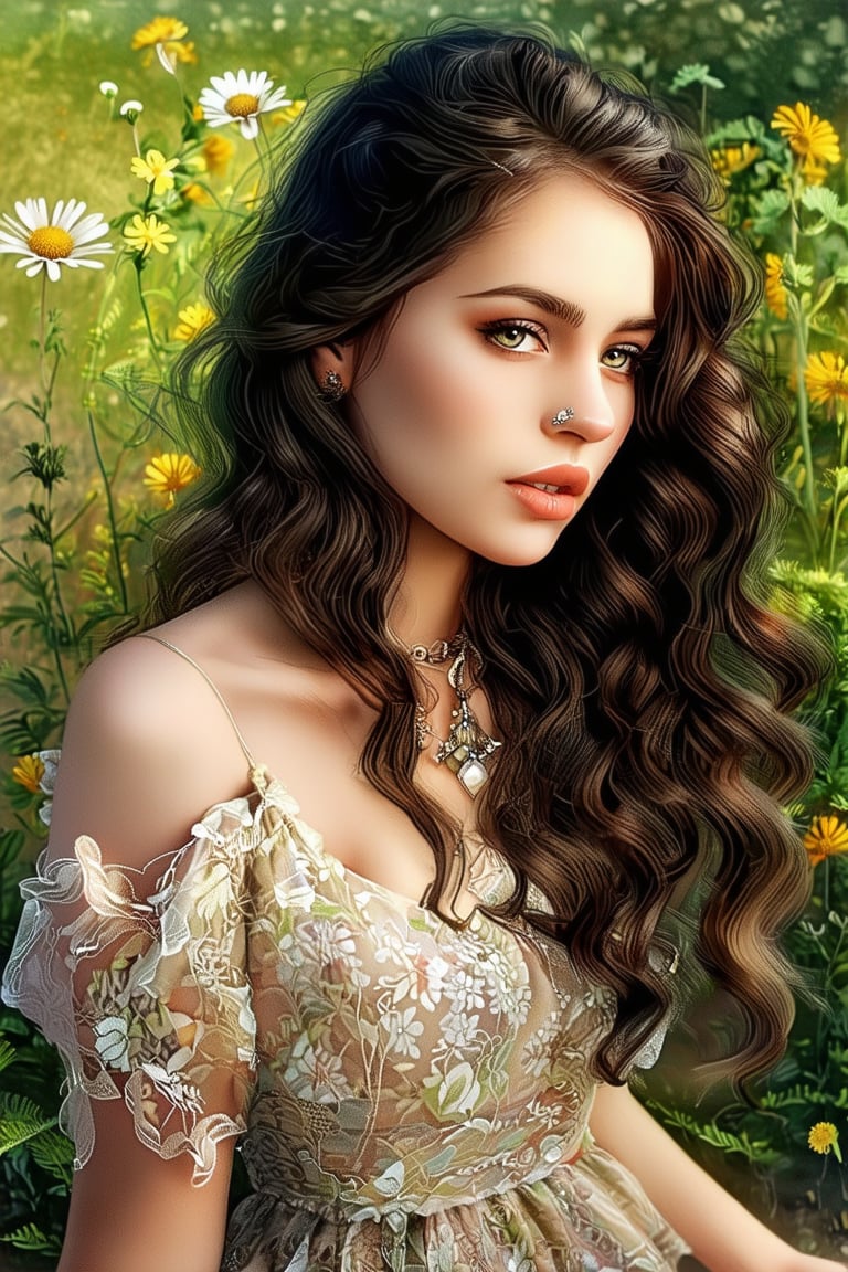 Capture the serene essence of a masterpiece with this stunning high-resolution photograph. A beautiful young woman with piercing grey eyes and dark, wavy hair styled in soft curls. She wears a floral print dress with delicate jewelry. The serene field is replaced by a lush garden with blooming flowers and rustic wooden furniture. Her gaze meets the viewer's, inviting contemplation amidst the picturesque backdrop.