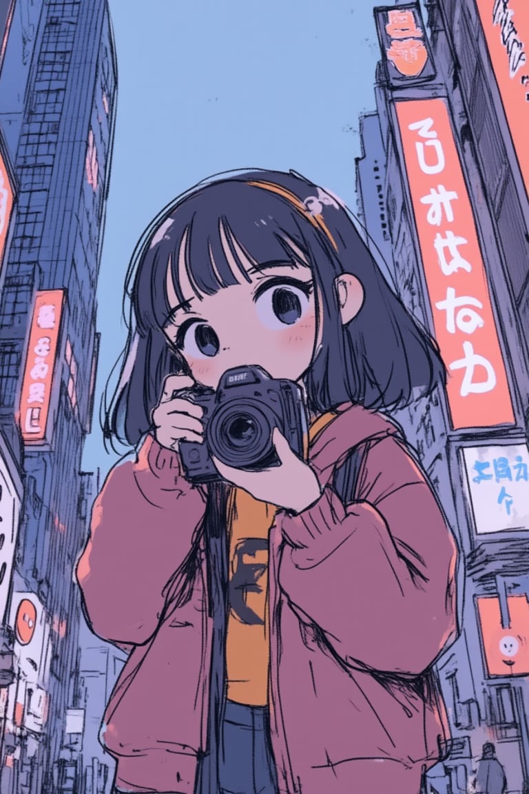 1girl, anime, taking photos with a camera in a bustling city, wearing trendy streetwear, tall skyscrapers and neon signs in the background, capturing the vibrant energy of the city