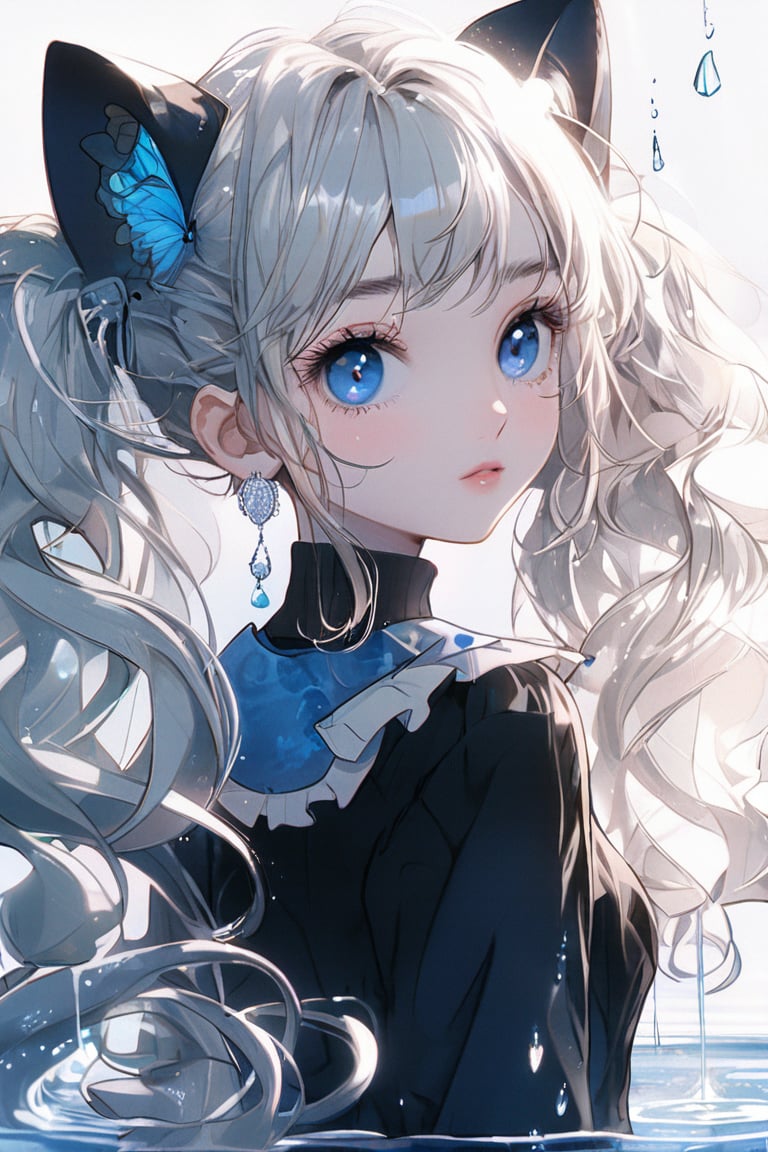 1girl, solo, long hair, twintail hairstyle, looking at viewer, blush, bangs, black cat tail, jewelry, blue eyes, wavy hair, earrings, cute outfit, parted lips, blurry, eyelashes, ((masterpiece: 2)), excellent quality, light particles, water drop, ((stunning_image: 1.5)), Anime art style