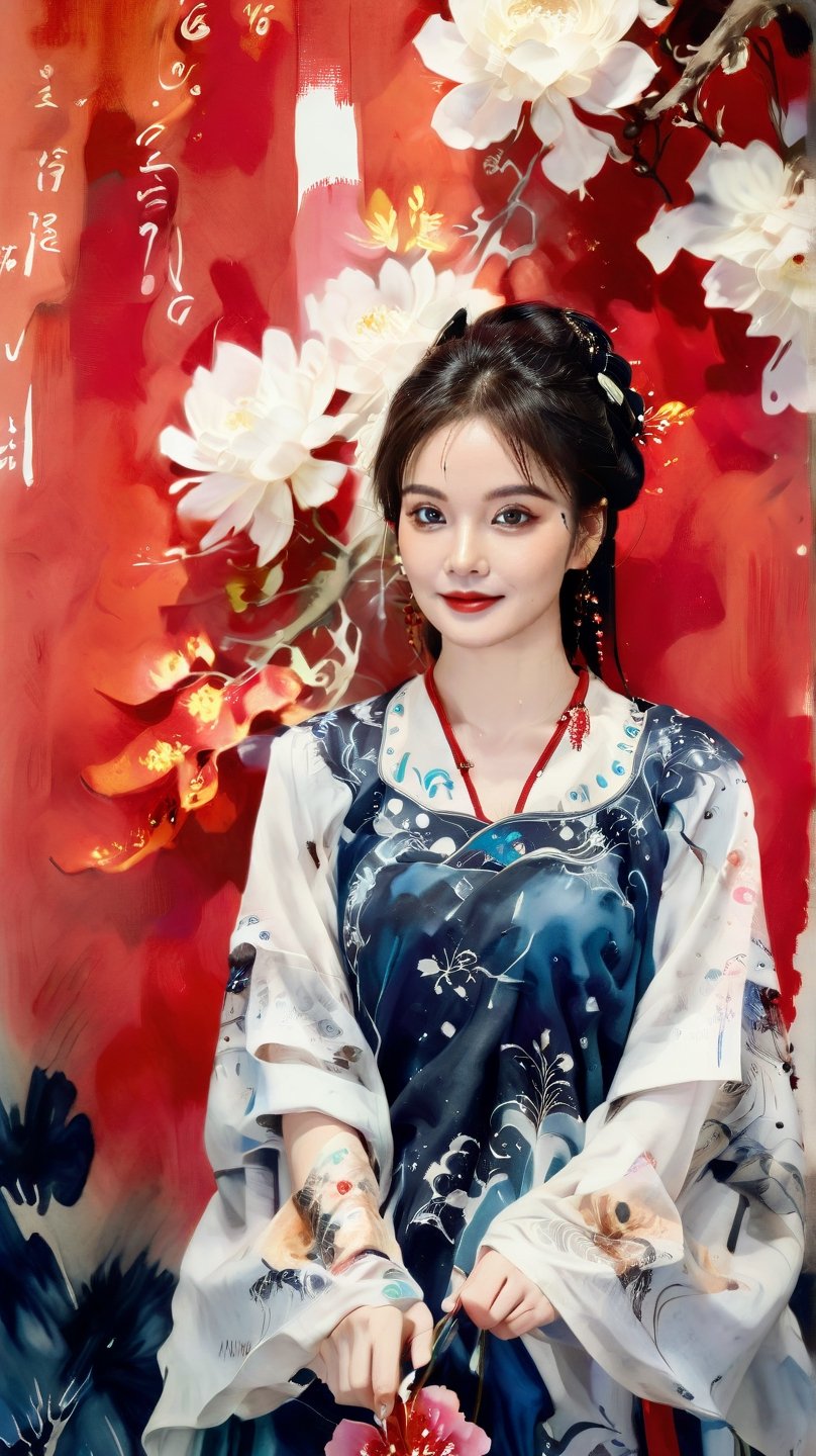 highly detailed, (chinese ink painting style, ink color, watercolor painting), look at viewer, caligraphy, portrait of a 17-year-old girl, shy smile, intricate hair flower ornament, ancient Chinese costume, hanfu, old paper effect, red seal on painting, painting,cutegirlmix,chinese_painting,lis4,ink scenery,chinese ink drawing