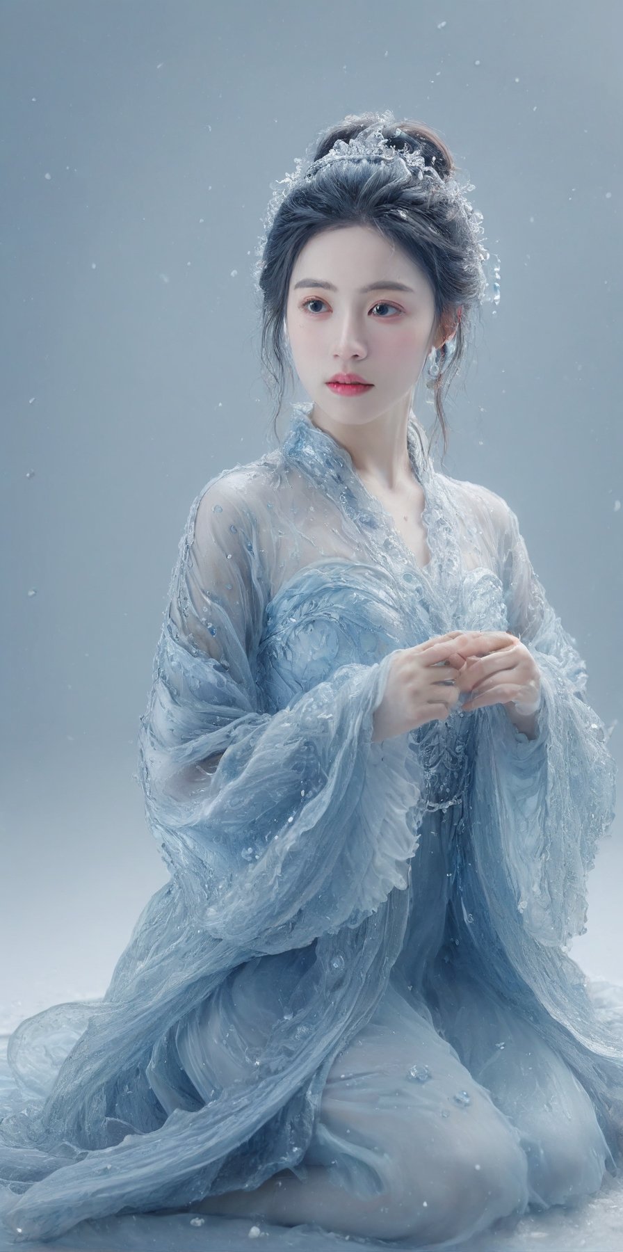 (winter theme):1.67, award-winning portrait, hyperrealistic:1.5, the most remarkable elegant princess in the world, light-blue exquisite hanfu made of water, black embroidery, long and wide sleeves, (pronounced facial features):1.2, face radiating lust, (symmetric v-shaped face):1.3, (bright eyes):1.4, glamorous face, long hair, watce, (rose petals):1.5, Chinese girl