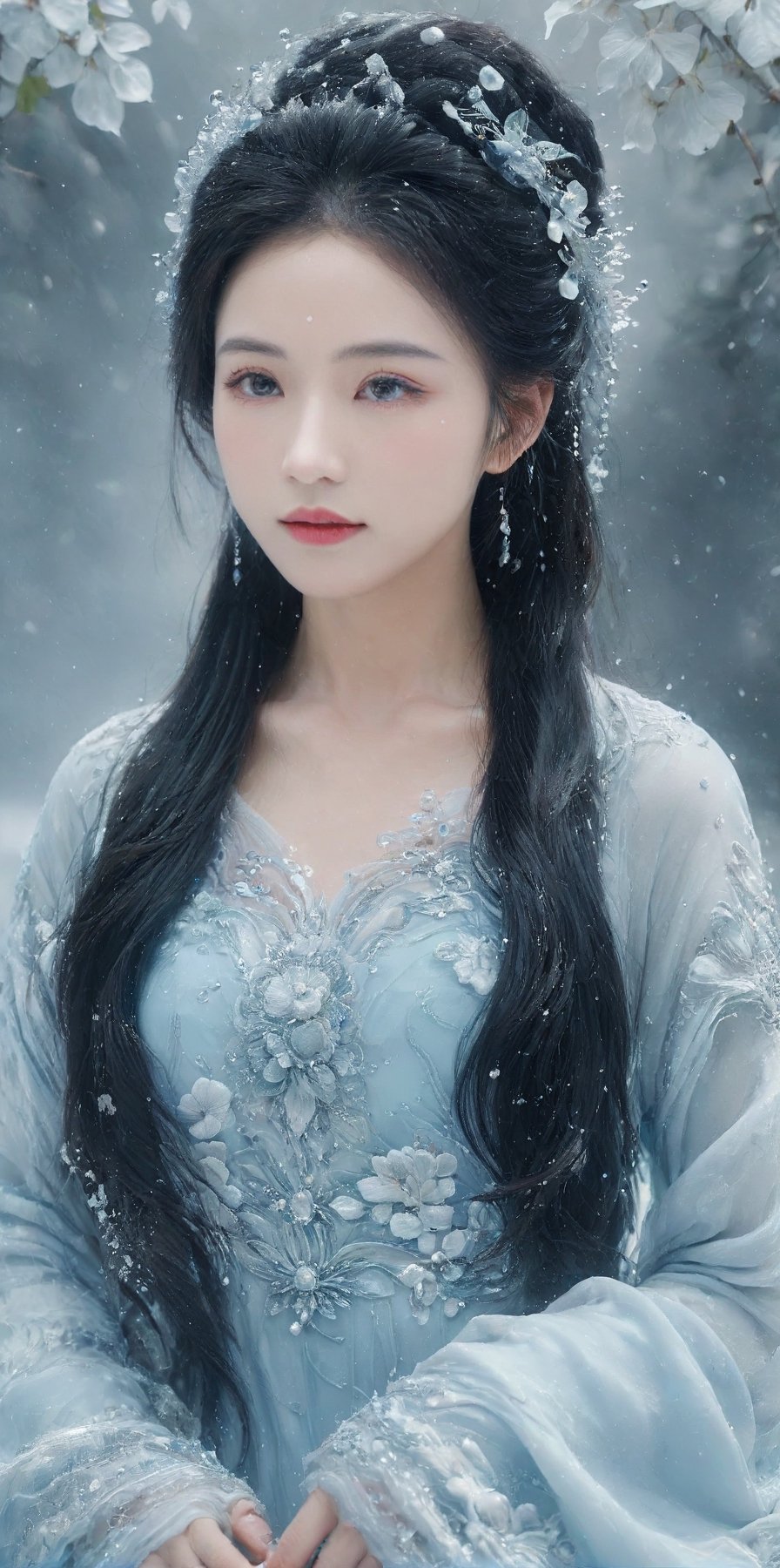 (winter theme):1.67, award-winning portrait, hyperrealistic:1.5, the most remarkable elegant princess in the world, light-blue exquisite hanfu made of water, black embroidery, long and wide sleeves, (pronounced facial features):1.2, face radiating lust, (symmetric v-shaped face):1.3, (bright eyes):1.4, glamorous face, long hair, watce, (rose petals):1.5, Chinese girl