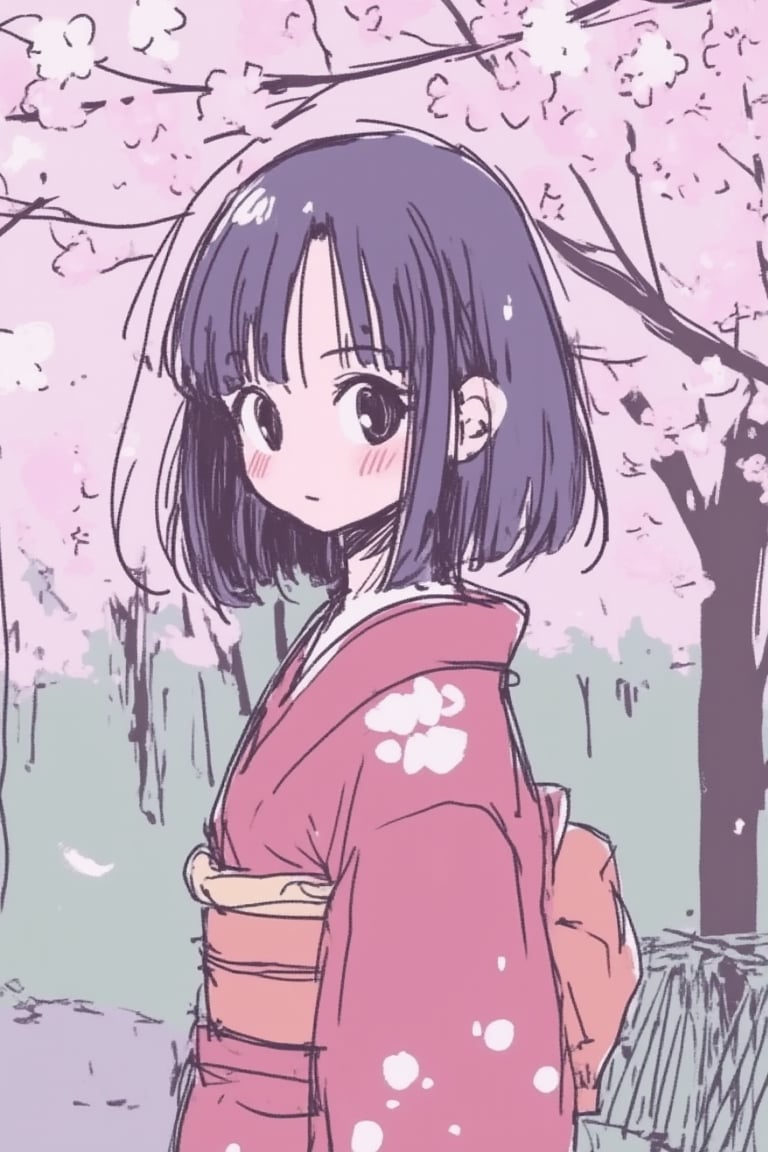 1girl, anime, traditional kimono, cherry blossoms, serene garden