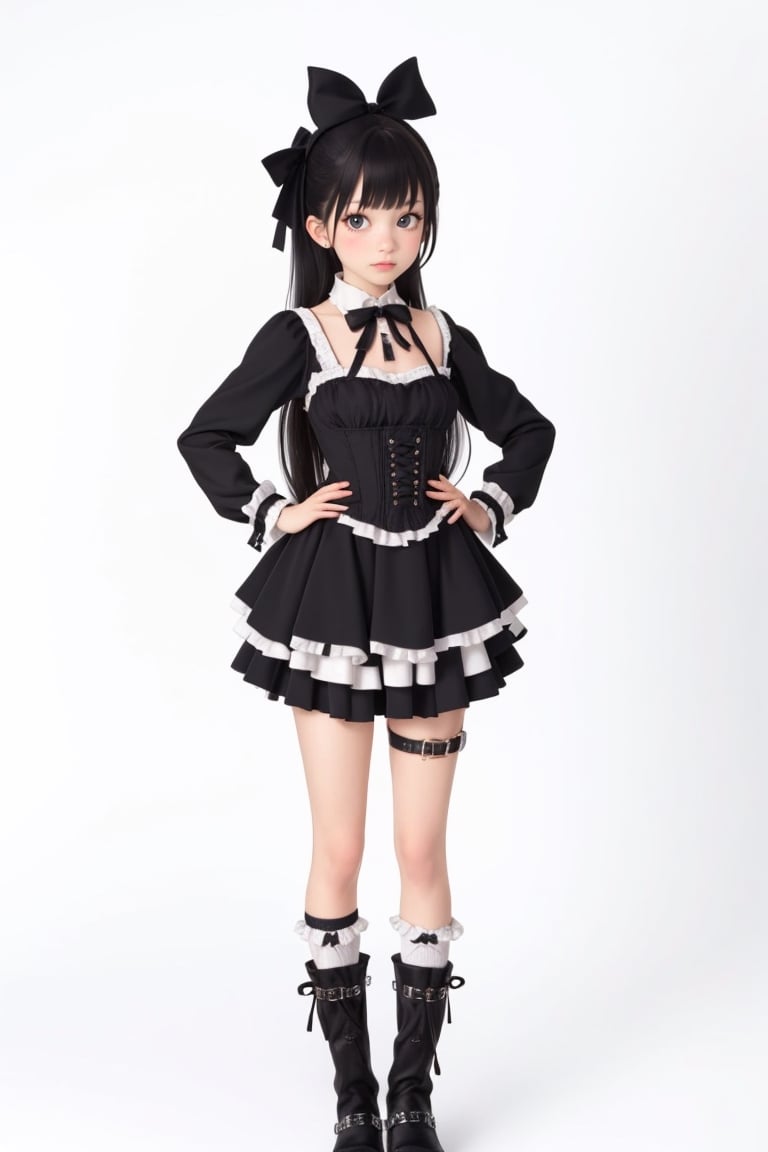 1girl, solo, long hair, looking at viewer, bangs, skirt, simple background, shirt, black hair, long sleeves, white background, dress, bow, ribbon, standing, full body, hair bow, boots, frills, socks, black footwear, black dress, black bow, thigh strap, lolita fashion, hands on hips, gothic lolita