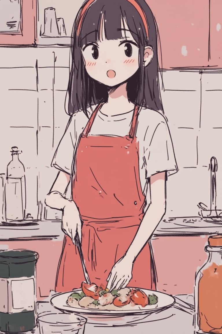 1girl, anime, cooking a delicious meal in a modern kitchen, wearing an apron and casual clothes, various ingredients and cooking utensils on the counter, warm and inviting atmosphere