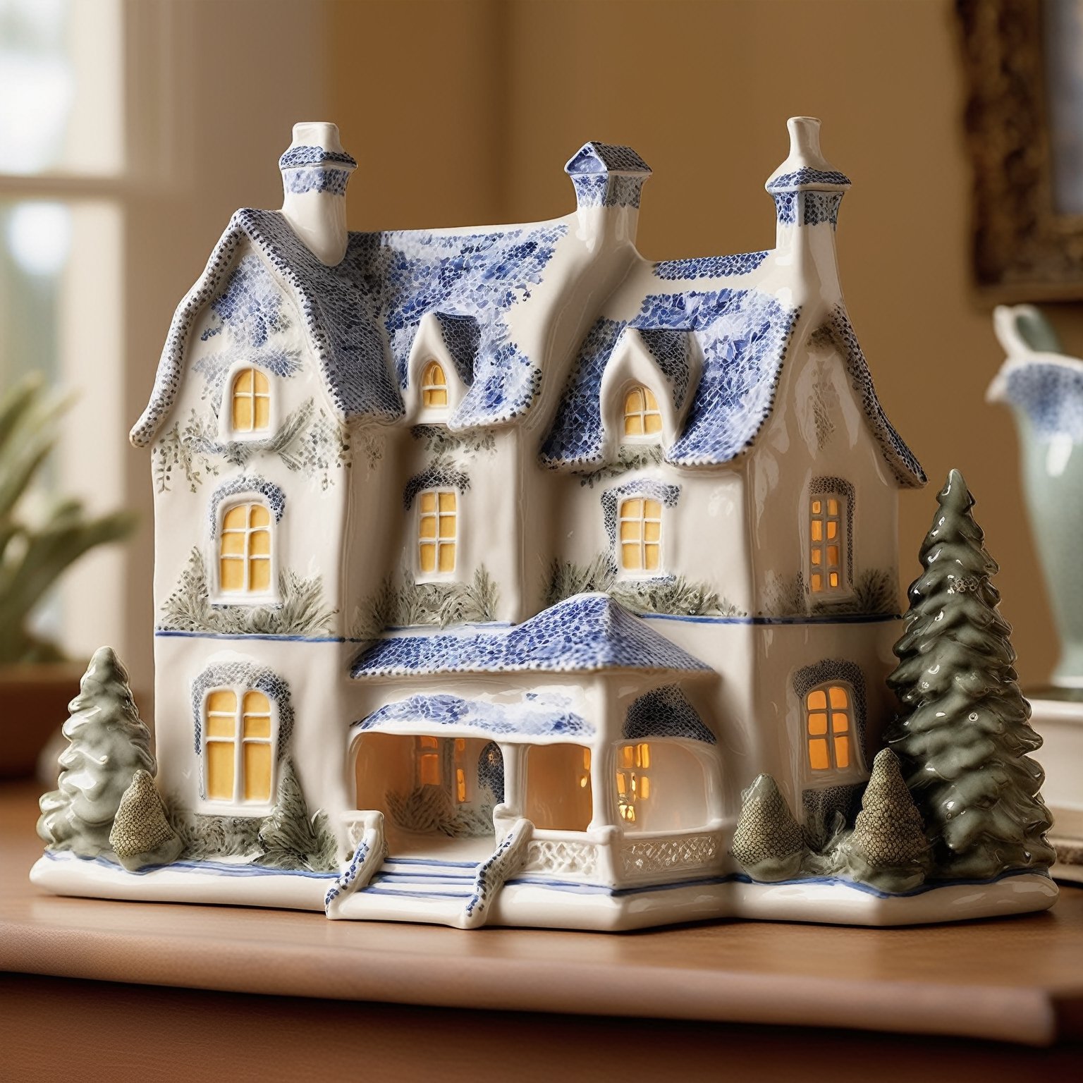 A beautifully crafted ceramic or porcelain figurine of a house