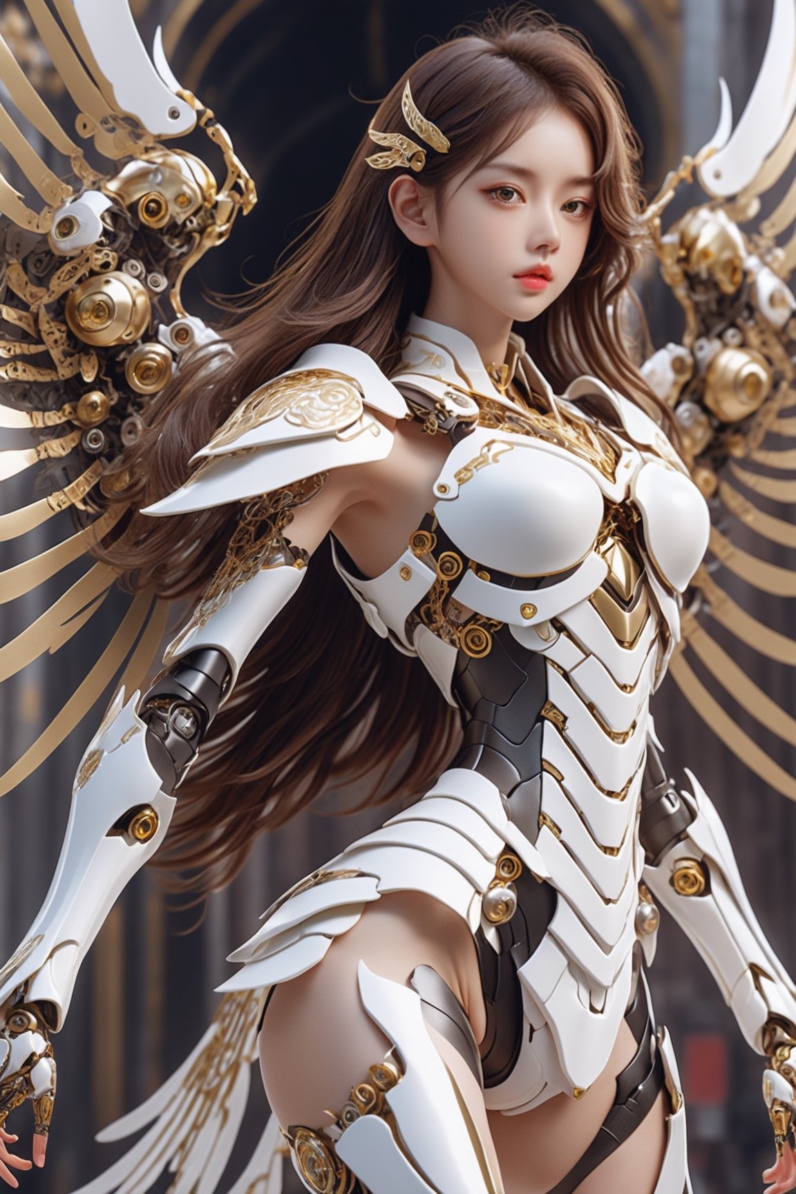 (1girl, looking at viewer), brown long hair, mechanical_wings, dynamic pose, delicate gold filigree, intricate filigree, white metalic parts, golden parts, intricate armor, detailed part, cyborg, Movie Still,ellafreya,candyseul,xxmix_girl