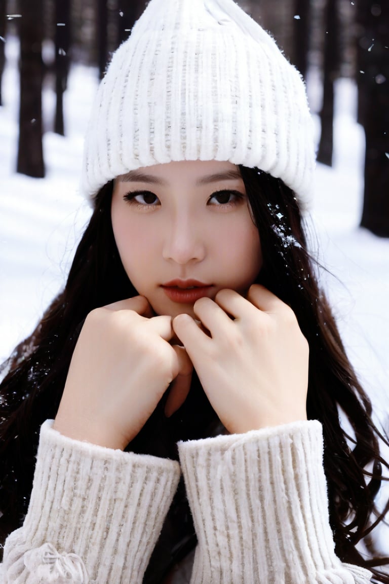 masterpiece, best quality, raw photo, realistic, adult girl, looking at viewer, supporting head on two hands, long hair, sweater, sweater hat, extremely beautiful detailed face, best shadow, medium breasts, (cute face, temptations look), snowing, snowing background, (sepia photography), (professional photo, balanced photo, high contract exposure)