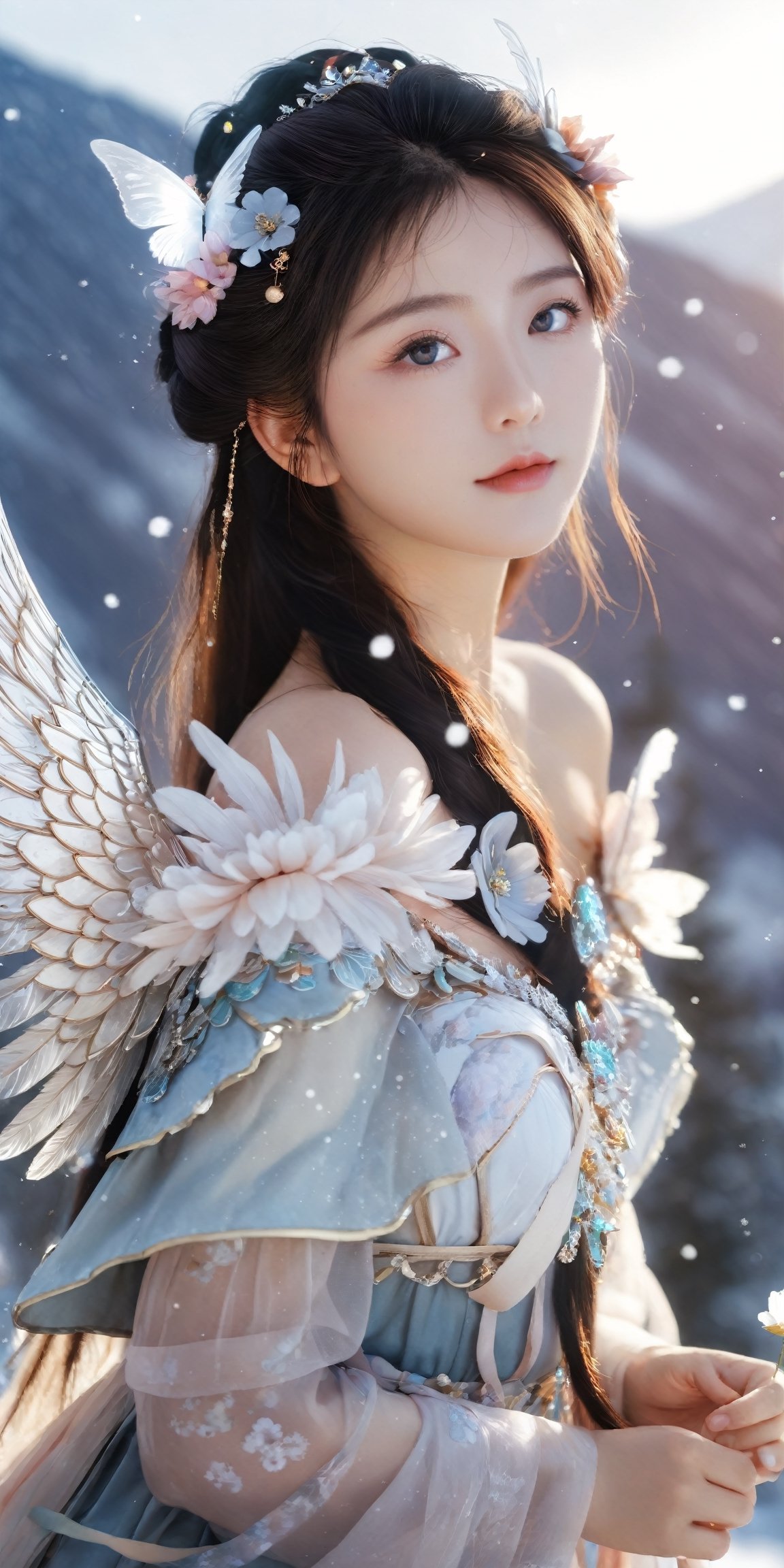 masterpiece,{{{best quality}}},(illustration)),{{{extremely detailed CG unity 8k wallpaper}}},game_cg,(({{1girl}})),{solo}, (beautiful detailed eyes),((shine eyes)),goddess,fluffy hair,messy_hair,ribbons,hair_bow,{flowing hair}, (glossy hair), (Silky hair),((white stockings)),(((gorgeous crystal armor))),cold smile,stare,cape,(((crystal wings))),((grand feathers)),((altocumulus)),(clear_sky),(snow mountain),((flowery flowers)),{(flowery bubbles)},{{cloud map plane}},({(crystal)}),crystal poppies,({lacy}) ({{misty}}),(posing sketch),(Brilliant light),cinematic lighting,((thick_coating)),(glass tint),(watercolor),(Ambient light),long_focus,(Colorful blisters),ukiyoe style