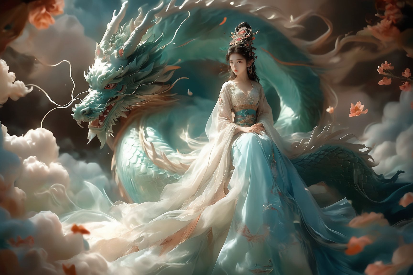 A whimsical scene unfurls: xxmixgirl, resplendent in flowing white robes, sits serenely atop the magnificent white dragon's back, as it rises from a plush carpet of fluffy clouds against a serene light blue sky. The dragon's sharp teeth and piercing eyes gleam softly, while xxmixgirl's tranquil posture, stomach held, exudes peaceful contemplation amidst this dreamlike tableau.,dunhuang