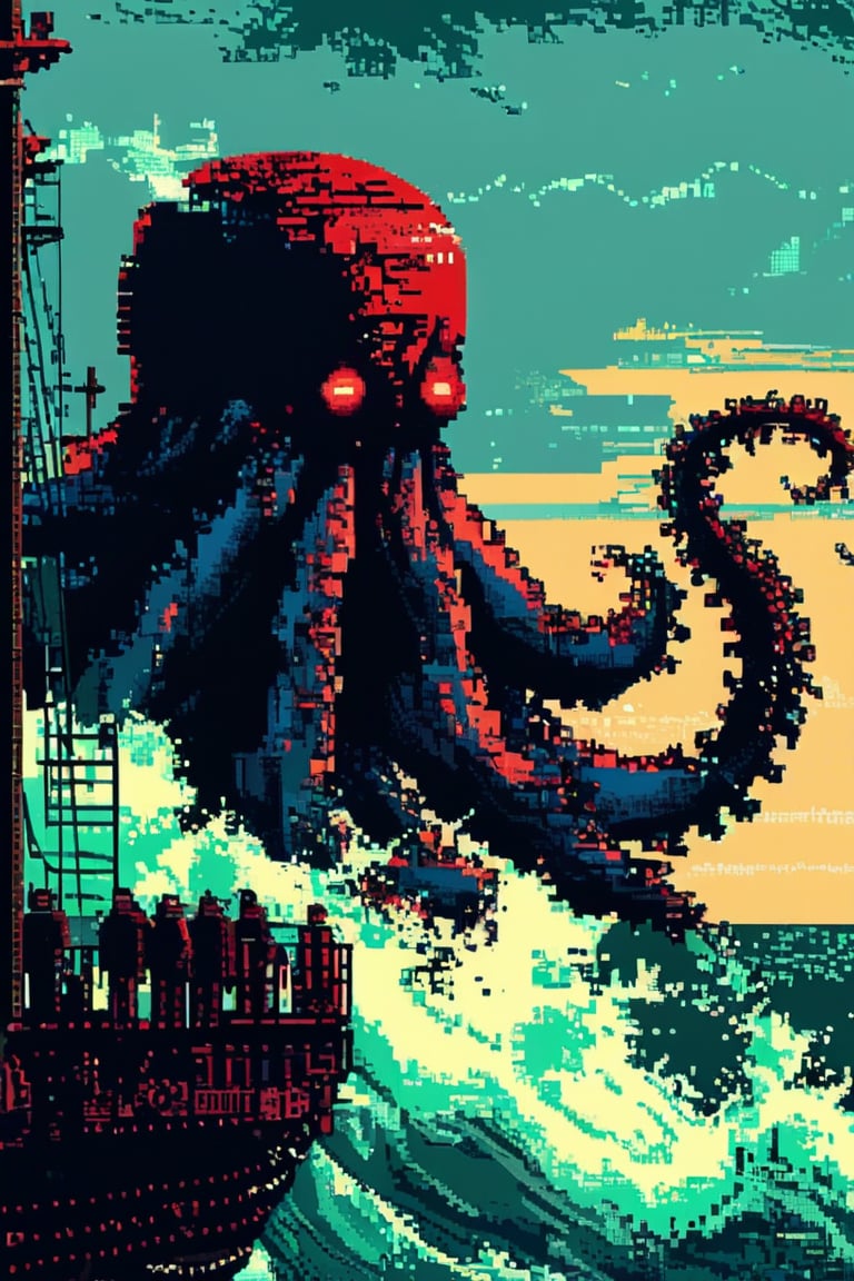 A giant pixel art Kraken emerging from the ocean,  its tentacles wrapping around a pixelated ship,  with waves crashing an...