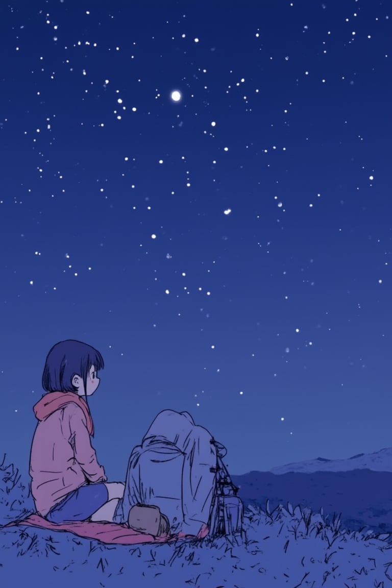 1girl, anime, stargazing on a hilltop at night, wearing a cozy jacket and scarf, lying on a blanket with a telescope beside her, clear night sky filled with stars and constellations