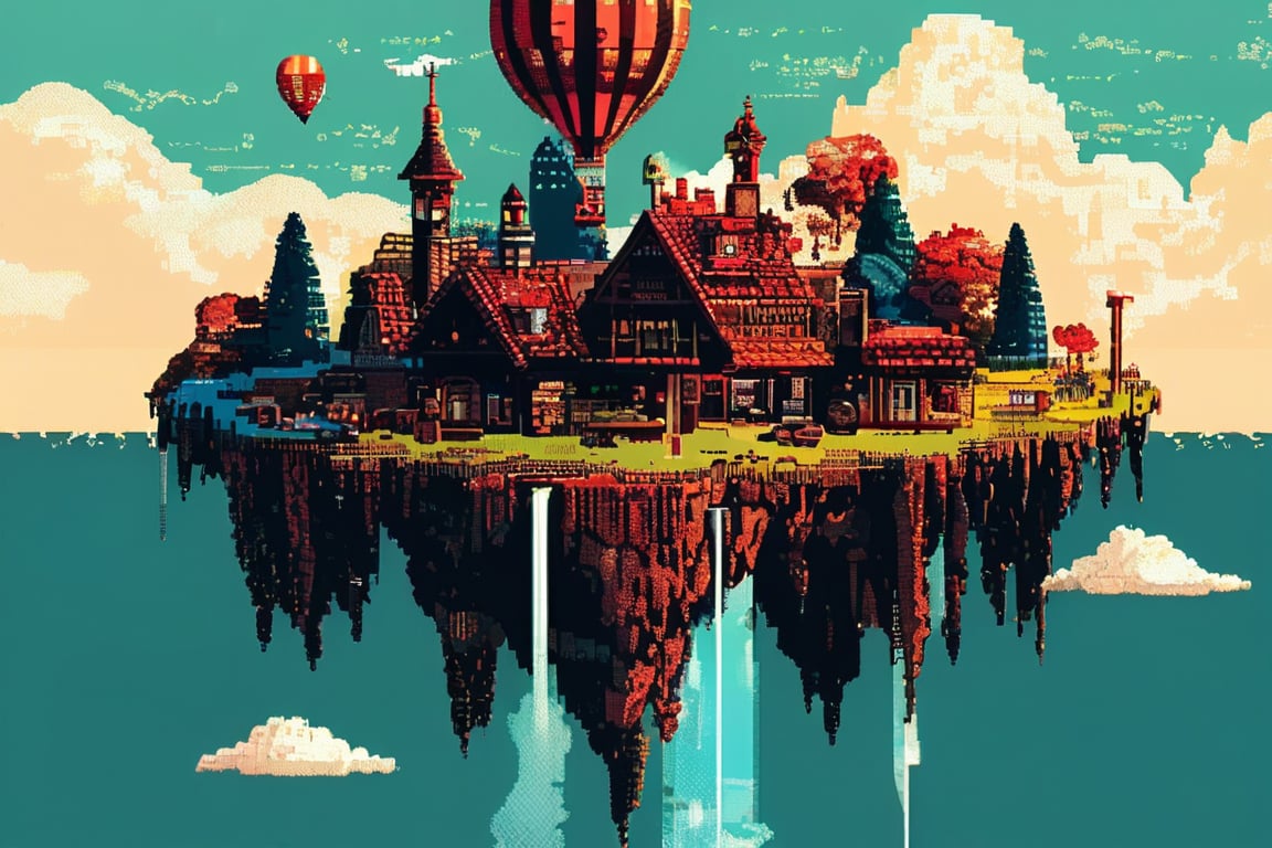 Pixel art of a floating island in the sky, with waterfalls spilling over the edges into clouds below. A small village of windmills and hot air balloons drifts peacefully around it