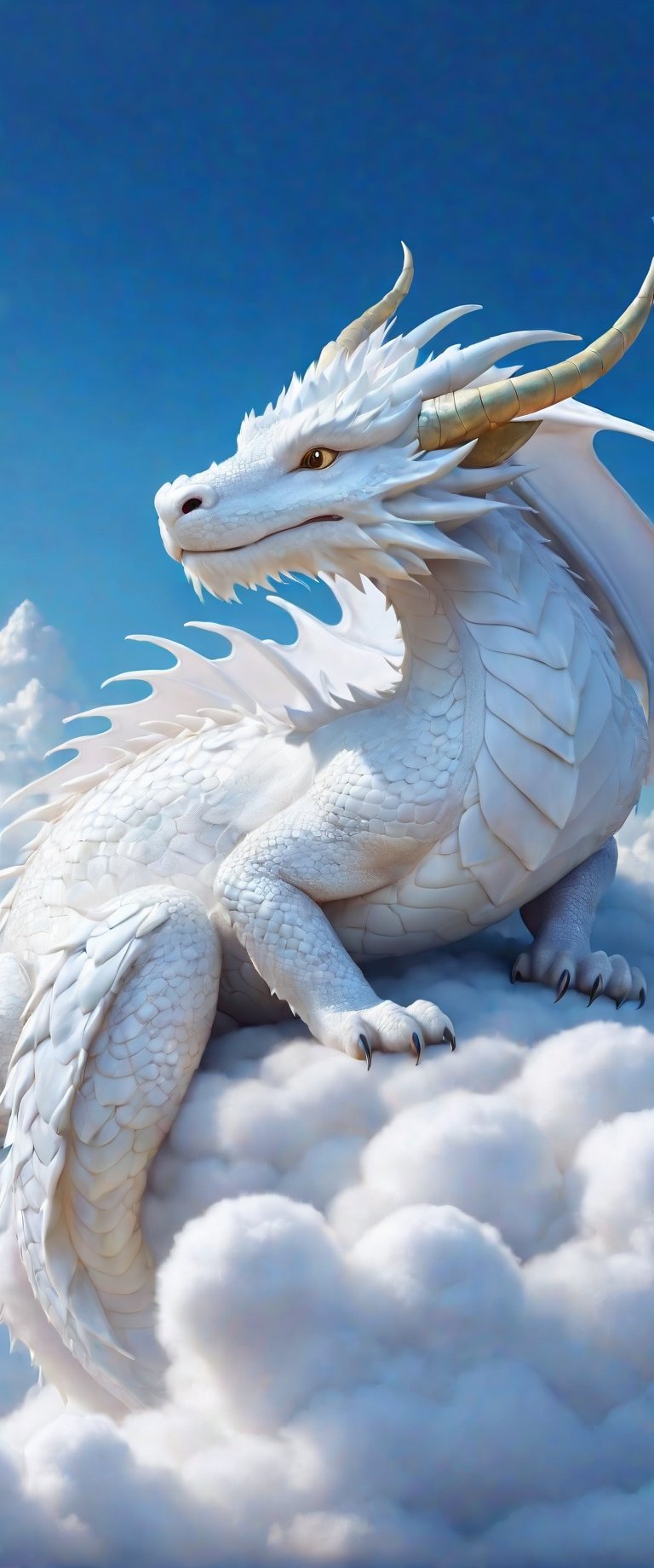 white dragon resting on a fluffy cloud like cotton,dragon_anything