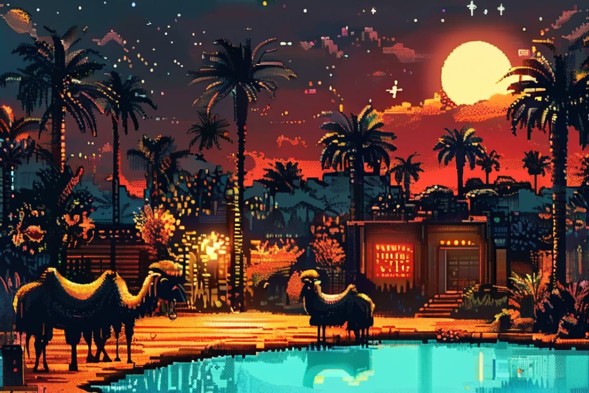 Pixel art of a desert oasis at night, with a glowing moon, palm trees, and a caravan of camels resting near a shimmering pond. The stars above twinkle brightly in the sky.