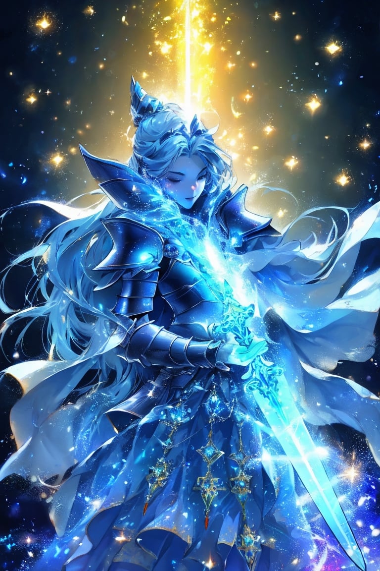 A mystical figure, possibly a warrior or guardian, adorned in intricate armor. The armor is illuminated with a radiant blue glow, emanating a sense of power and magic. The figure's cloak flows behind, merging with ethereal, swirling patterns of light and energy. The warrior wields a glowing sword, its blade emitting a similar blue luminescence. The background is dark, with specks of light, possibly representing stars or magical particles, adding to the enchanting atmosphere.