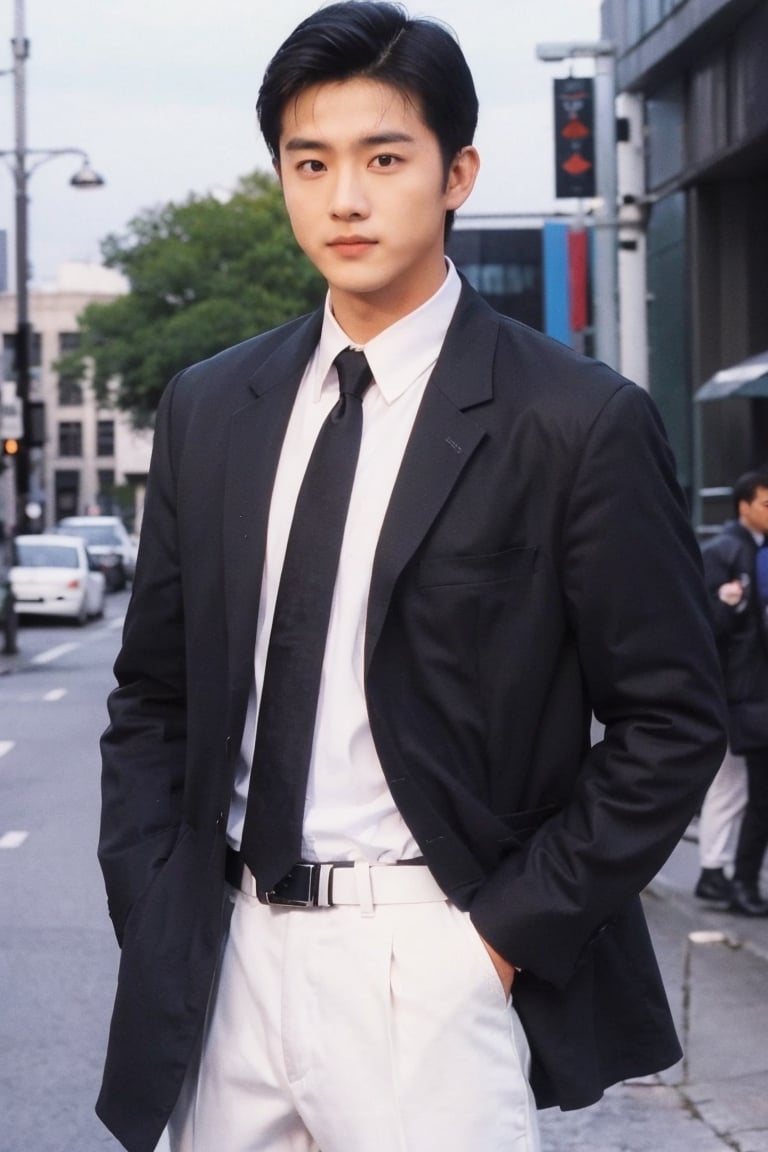 solo, short hair, shirt, black hair, 1boy, jacket, white shirt, male focus, necktie, belt, pants, black jacket, black pants, formal, suit, black necktie, hands in pockets,boy,Sexy Muscular