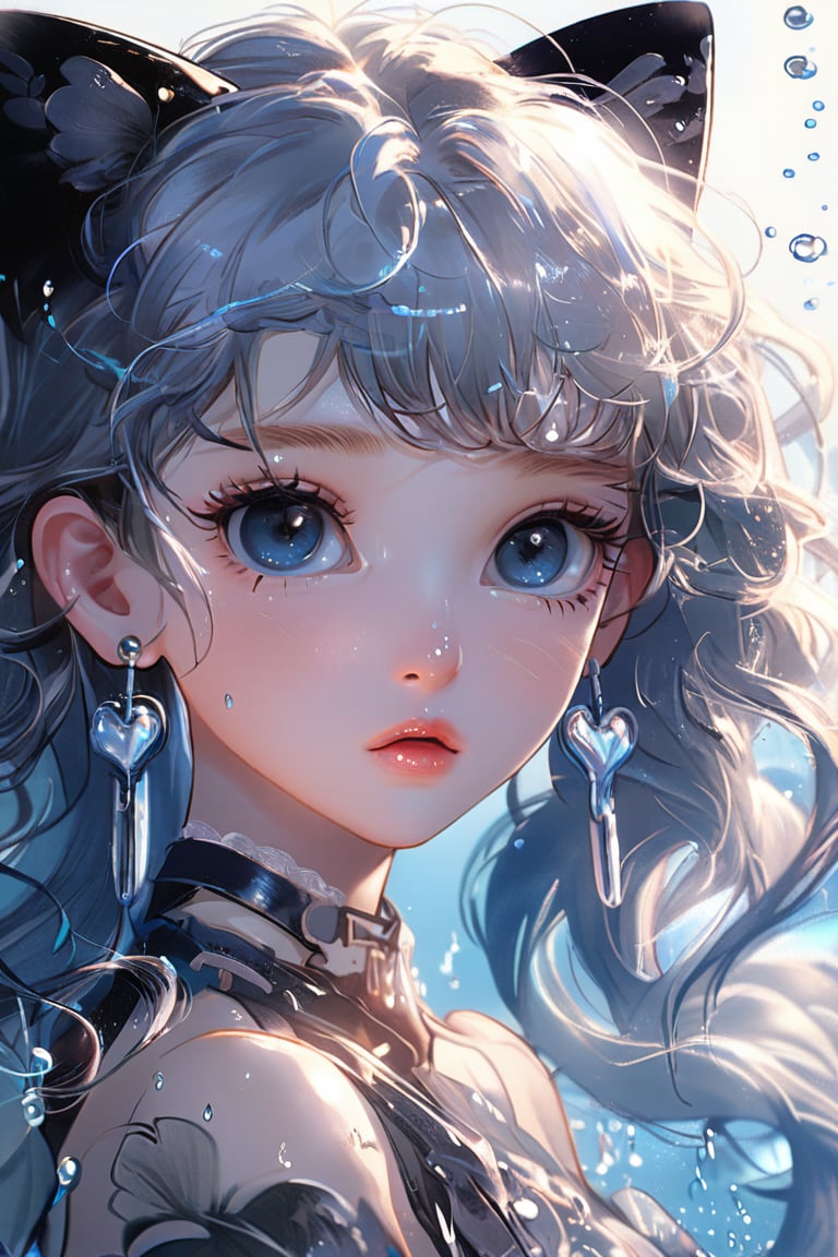 1girl, solo, long hair, twintail hairstyle, looking at viewer, blush, bangs, black cat tail, jewelry, blue eyes, wavy hair, earrings, cute outfit, parted lips, blurry, eyelashes, ((masterpiece: 2)), excellent quality, light particles, water drop, ((stunning_image: 1.5)), Anime art style