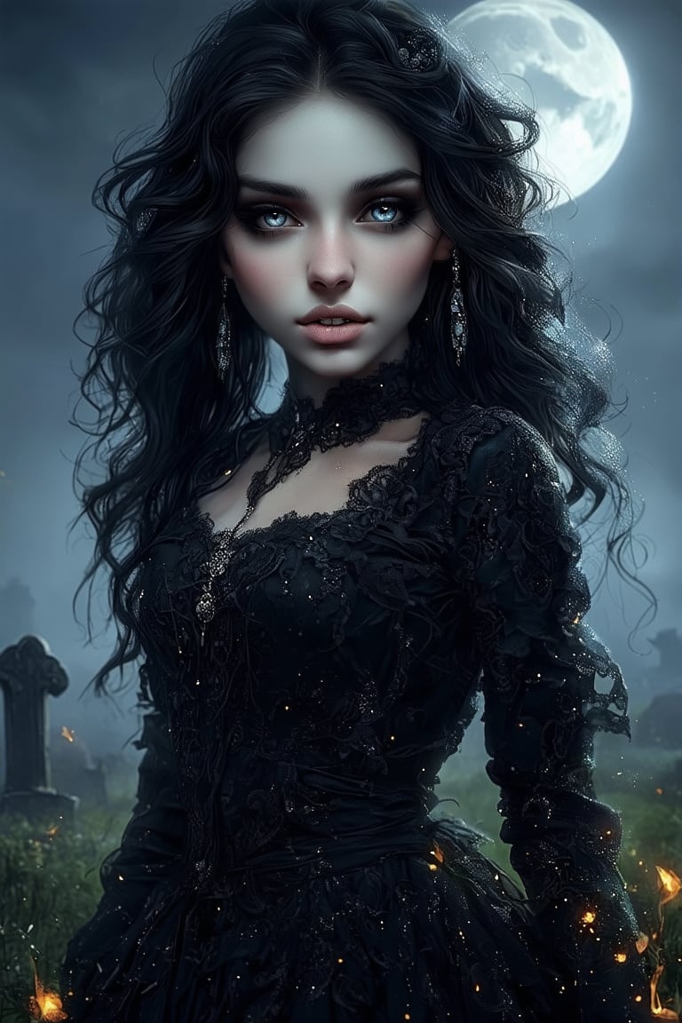 Capture the serene essence of a masterpiece with this stunning high-resolution image. A beautiful young woman with piercing grey eyes and dark, wavy hair with streaks of blue. She wears a flowing black gothic dress with lace and metal accessories. The serene field is replaced by a moonlit graveyard with fog and old tombstones. Her gaze meets the viewer's, inviting contemplation amidst the eerie backdrop.