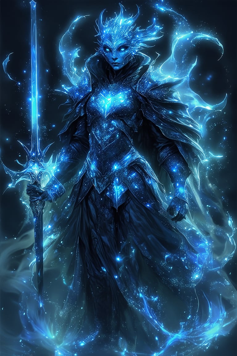 A mystical figure, possibly a warrior or guardian, adorned in intricate armor. The armor is illuminated with a radiant blue glow, emanating a sense of power and magic. The figure's cloak flows behind, merging with ethereal, swirling patterns of light and energy. The warrior wields a glowing sword, its blade emitting a similar blue luminescence. The background is dark, with specks of light, possibly representing stars or magical particles, adding to the enchanting atmosphere.