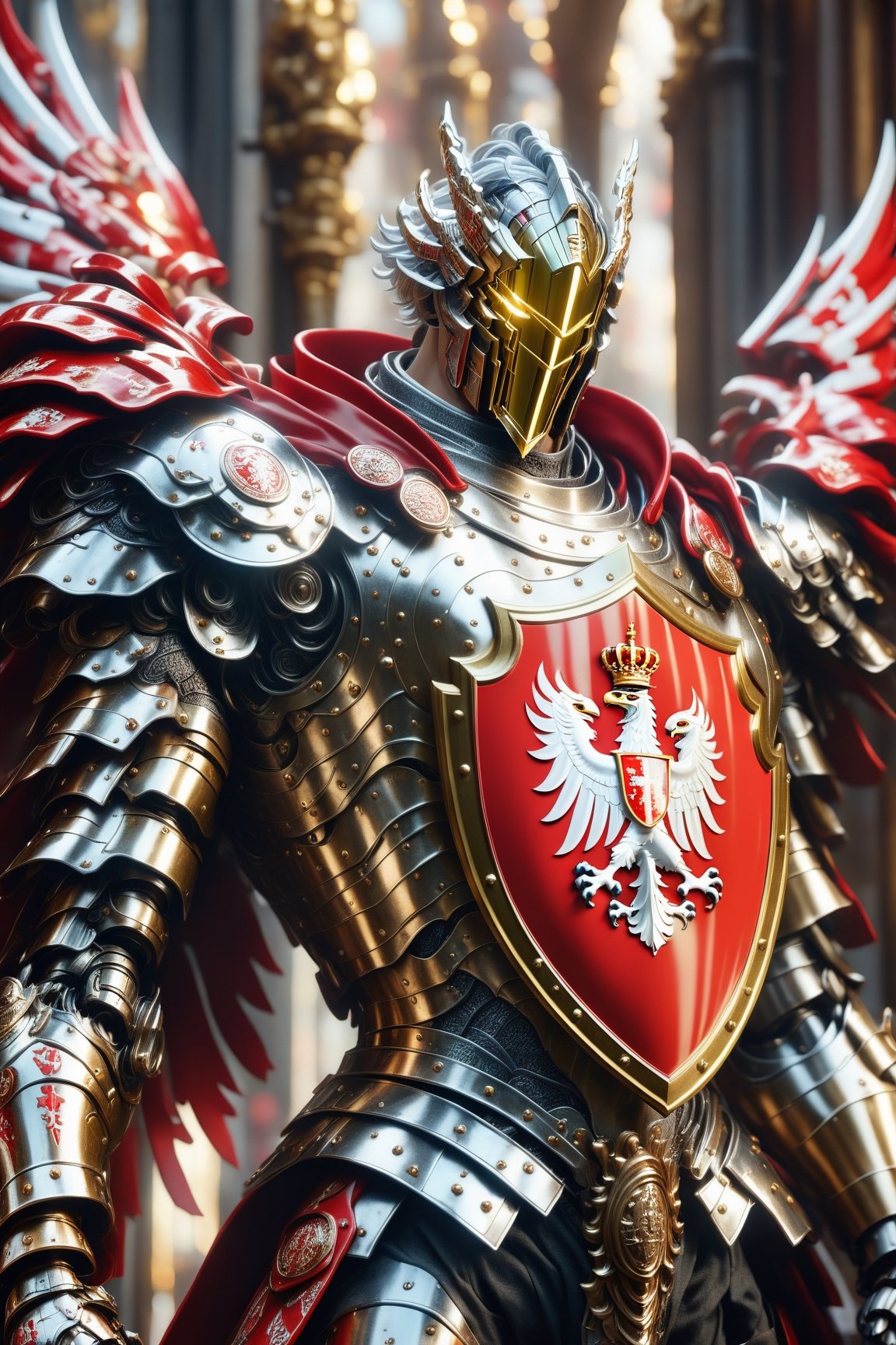 A man in a shield made of shiny polished metal, with intricate and highly detailed red and white coat of arms of Cologne on it, in vibrant colors, bokeh, 4K,mecha, full body shot,cyborg style, cinematic lighting, dynamic moving pose, head to toein frame, facing_viewer,candyseul