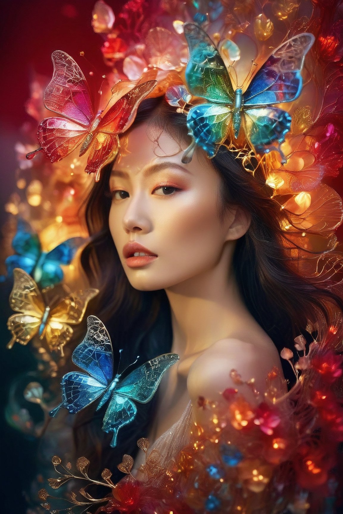 fashion shoot, beautiful goddess, perfect sweet face and eyes, Alcohol ink, splatter art, multicolor oil painting, Miki Asai Macro photography, long blowing hair, Fantastic Realism and Sharp Focus, Mysterious Filigree Elements, filigree red drops, filigree multicolored buterflies, Glowing Accents, fantasy art, watce, golden appear naturally, symmetrical, glowing crystals