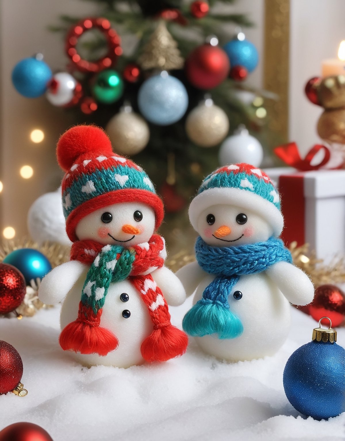 a detailed view photo of Little snowmen knitted on soft snow on the background of Christmas decorations,w00len