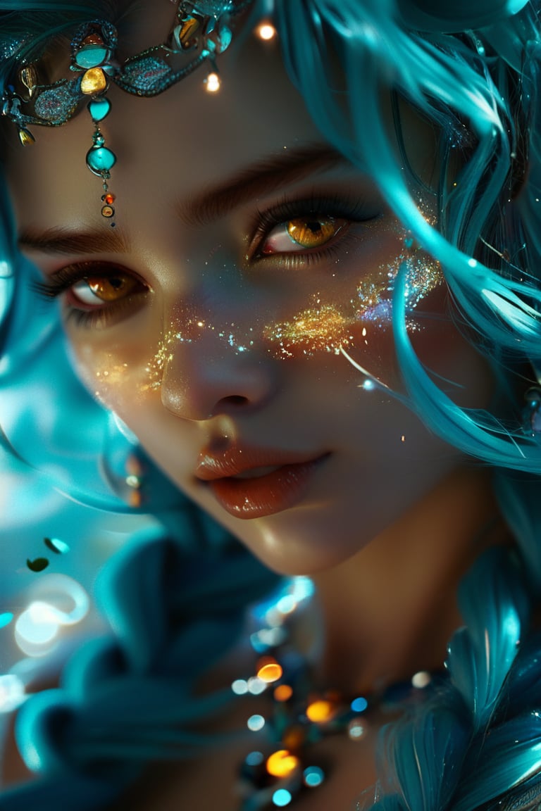 Best quality, 4K, 8K, high-resolution, masterpiece, ultra-detailed, photorealistic, a close up of a woman's face with turquoise and teal hair, glowing eyes, and lots of glitter, 1girl, long hair, yellow eyes, jewelry, turquoise hair, blurry, eyelashes, lips, colored skin, depth of field, braided hair, mountain background, portrait, gem, aqua skin