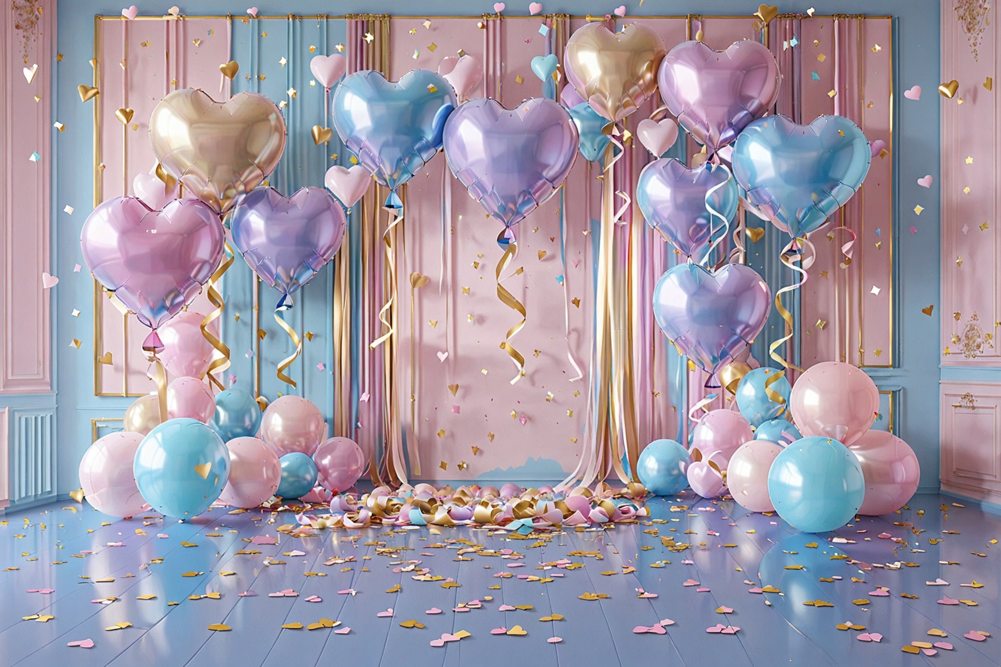 A beautifully decorated room with pastel-colored balloons, predominantly in shades of pink, blue, and gold. A large heart-shaped balloon in gold and pink dominates the center, with smaller balloons of various sizes and colors surrounding it. Golden stars, hearts, and geometric shapes hang from the ceiling, adding to the festive ambiance. On the floor, there are scattered confetti, and a few balloons have been tethered to the floor with ribbons. To the left, there's a white vertical column, and to the right, a pink curtain. The backdrop is a soft pink wall with subtle patterns, and a blank canvas stands prominently in the center, inviting guests to place their wishes or photographs.