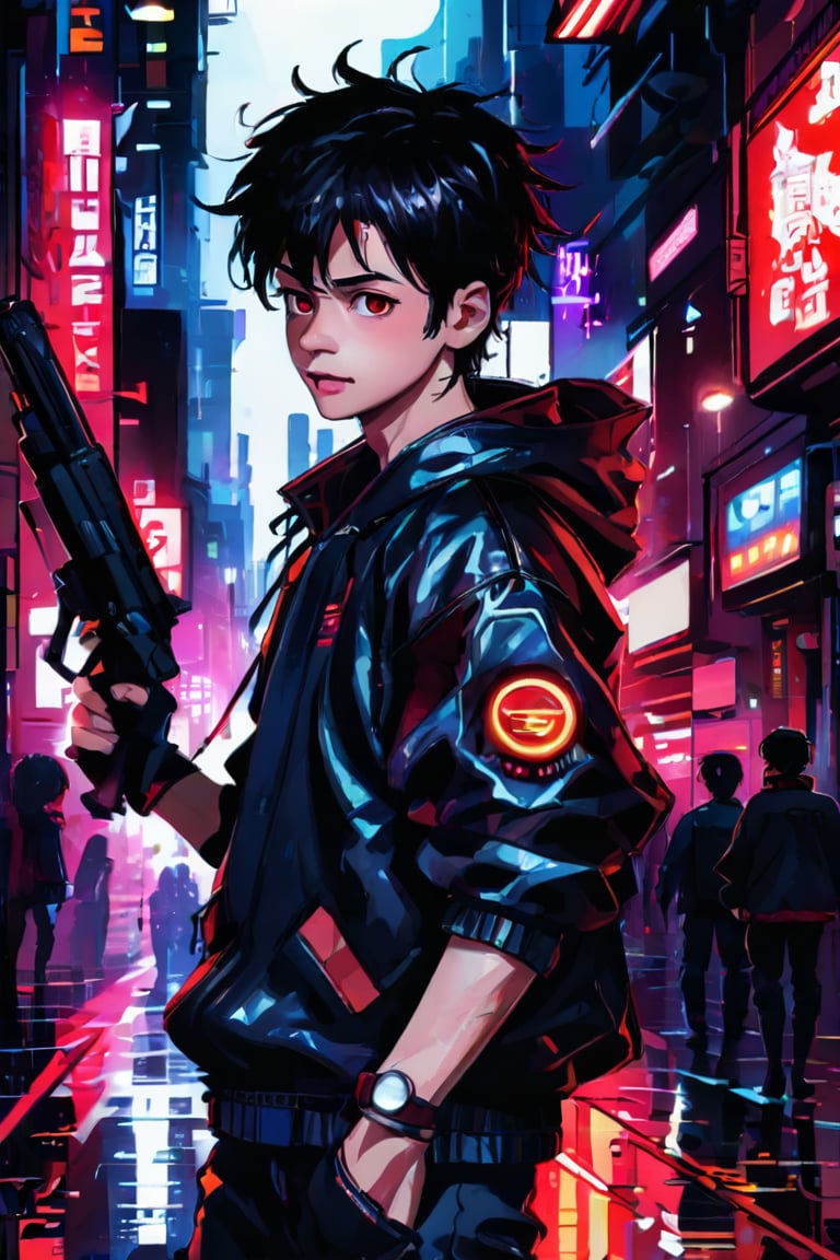 Anime style, retro style, highly detailed, masterpiece, fantasy art, 1boy, solo, spiky black hair, wearing a cyberpunk leather jacket, standing in a neon-lit alley, smirking, red eyes, holding a futuristic gun, rain-soaked, excellent quality, light reflections, cyberpunk cityscape, stunning_image, Anime art style, vspop, rich color, kidz