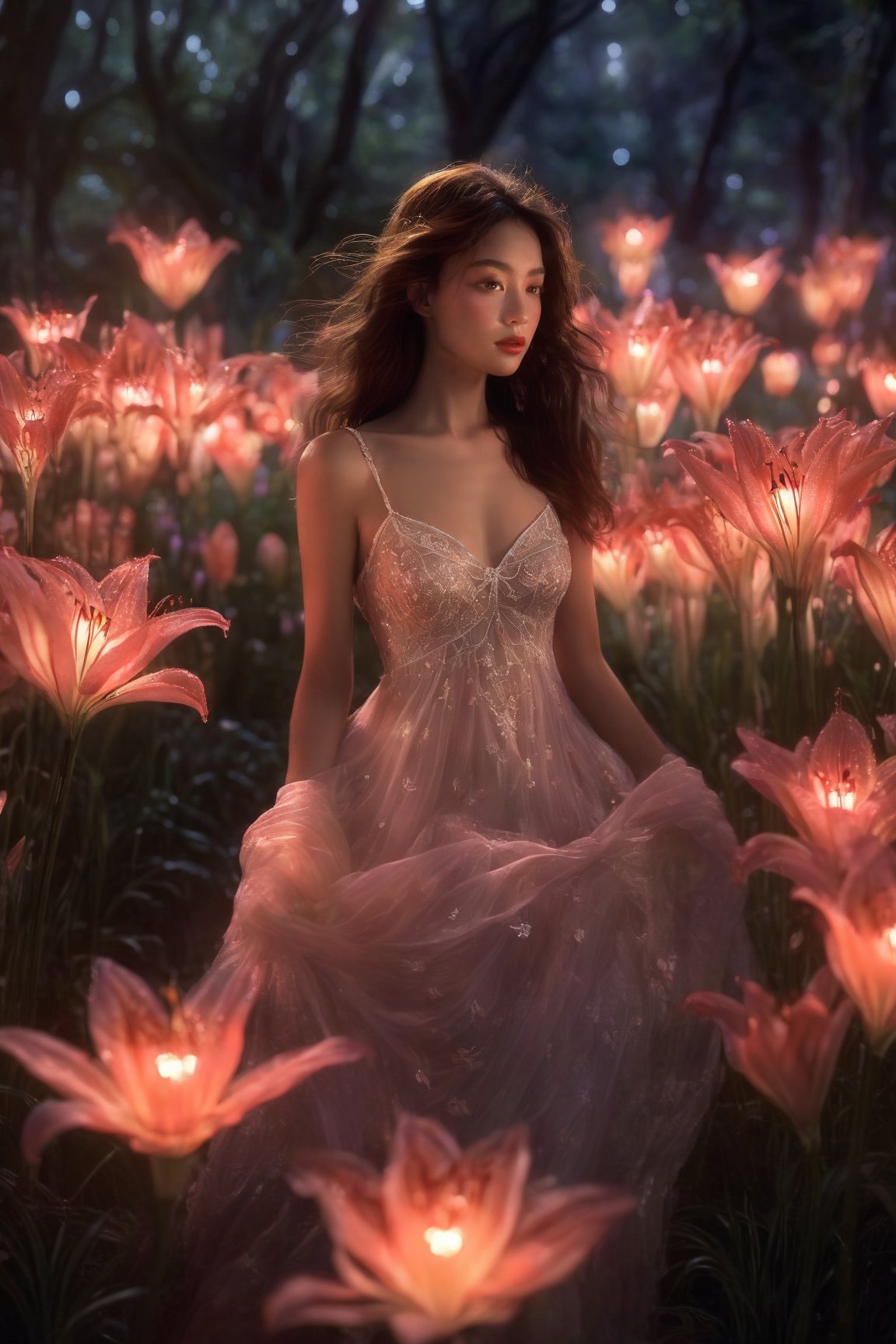 1girl, full body, high detailed, ultra realistic,  Bathed in ethereal moonlight, a figure stands amidst a field of spider lilies, their crimson whispers echoing the sorrow in their eyes. Butterflies, fragile yet determined, flutter around them, drawn to the moonlit beauty and silent lament. (Focus on melancholic ambiance, contrasting colors, and the butterfly's symbolic hope), Movie Still,Amethyst 