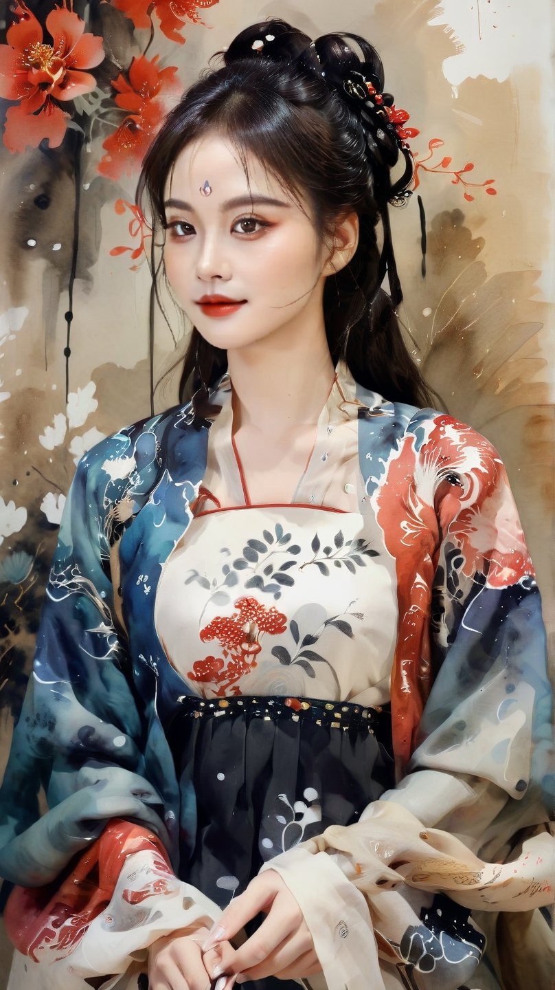 highly detailed, (chinese ink painting style, ink color, watercolor painting), look at viewer, caligraphy, portrait of a 17-year-old girl, shy smile, intricate hair flower ornament, ancient Chinese costume, hanfu, old paper effect, red seal on painting, painting,cutegirlmix,chinese_painting,lis4,ink scenery,chinese ink drawing