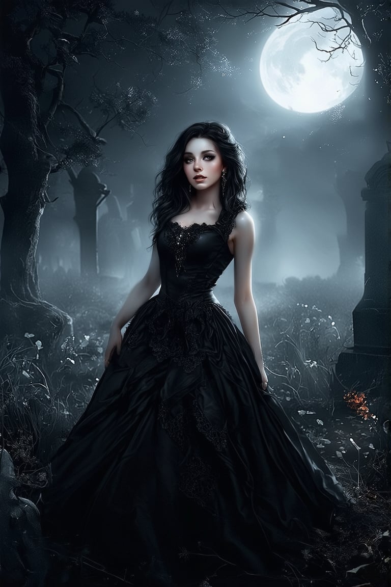 Capture the serene essence of a masterpiece with this stunning high-resolution image. A beautiful young woman with piercing grey eyes and dark, wavy hair with streaks of blue. She wears a flowing black gothic dress with lace and metal accessories. The serene field is replaced by a moonlit graveyard with fog and old tombstones. Her gaze meets the viewer's, inviting contemplation amidst the eerie backdrop.