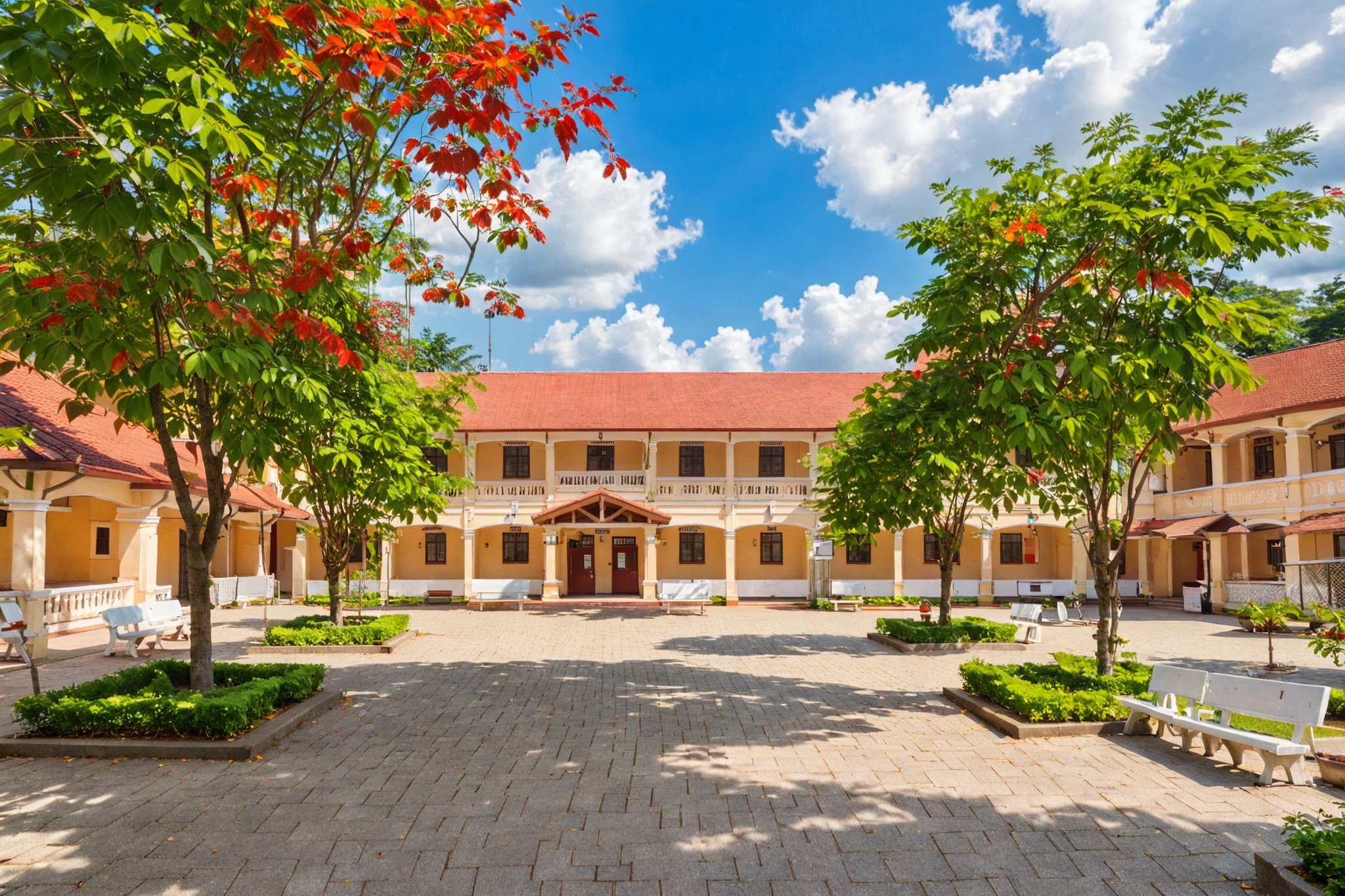 A spacious, paved courtyard surrounded by lush green trees. On the left, there's a building with a reddish-brown roof. The courtyard is adorned with white benches and a swing set. A few people can be seen in the distance.The sky above is clear with a hint of clouds, suggesting a pleasant day.