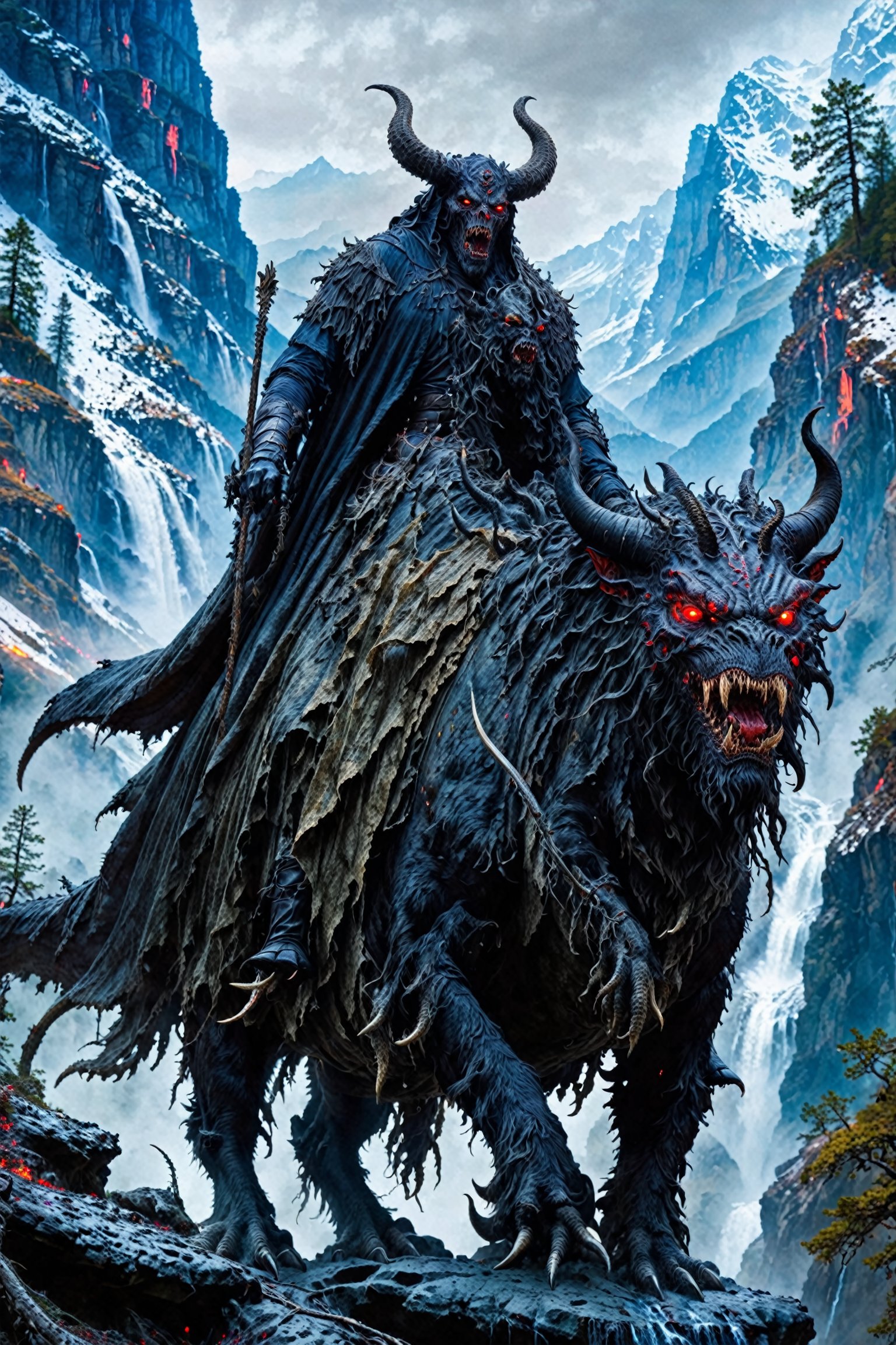 A menacing figure, possibly a demon or a mythical creature, riding a beast with glowing red eyes. The creature has large, curved horns and is draped in tattered, dark clothing. The backdrop is a rugged mountainous terrain with snow-capped peaks, dense forests, and cascading waterfalls. The atmosphere is misty and eerie, suggesting a cold, possibly haunted, environment.