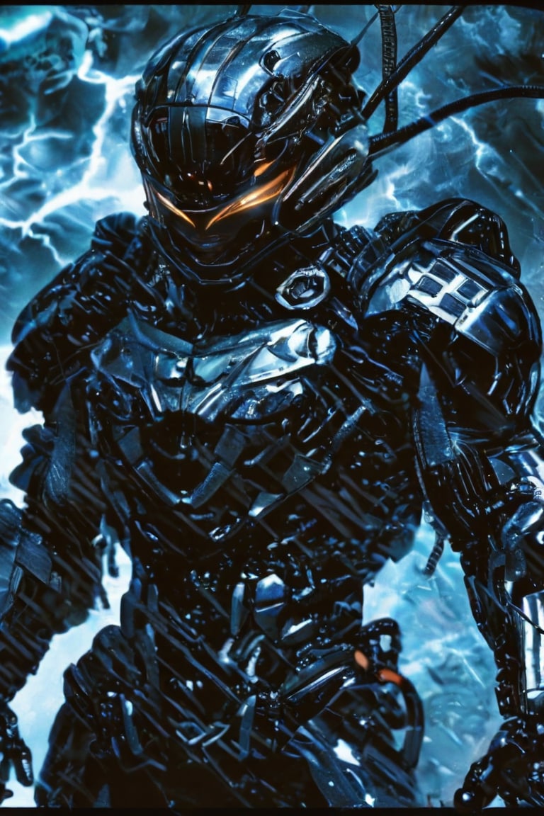 A stunning, high-resolution masterpiece captures a solo warrior, clad in a mecha exo-suit adorned with intricate beetle-inspired patterns and heavy metal armor, amidst a dramatic thunderstorm. The athlete's athletic body glistens under the soft, rain-kissed lighting as they wear a cyberhelmet and perfect eyes radiate determination. The complex composition features sharp focus on the subject's detailed face, surrounded by vivid colors and soft bokeh. Dark clouds swirl in the background, with heavy rain pouring down, creating an atmospheric full-body shot of unparalleled quality.