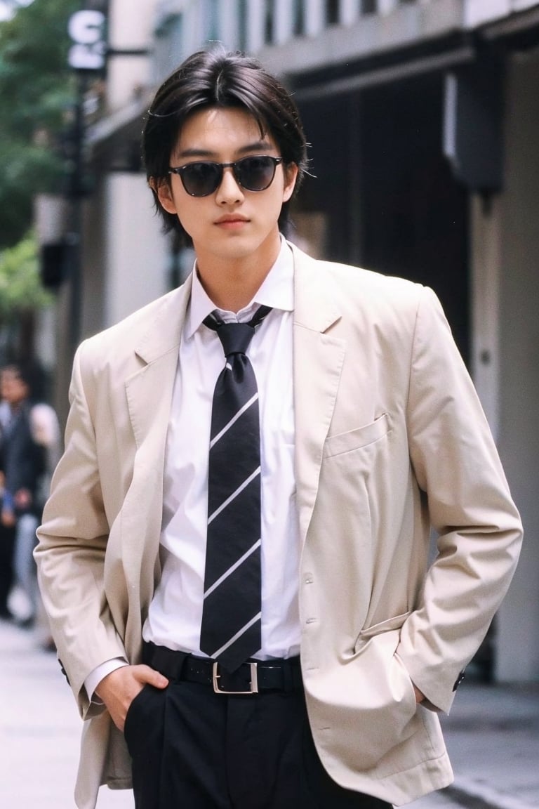 solo, short hair, shirt, black hair, 1boy, jacket, white shirt, male focus, necktie, belt, pants, black jacket, black pants, formal, sunglasses, suit, black necktie, hands in pockets,boy,Sexy Muscular