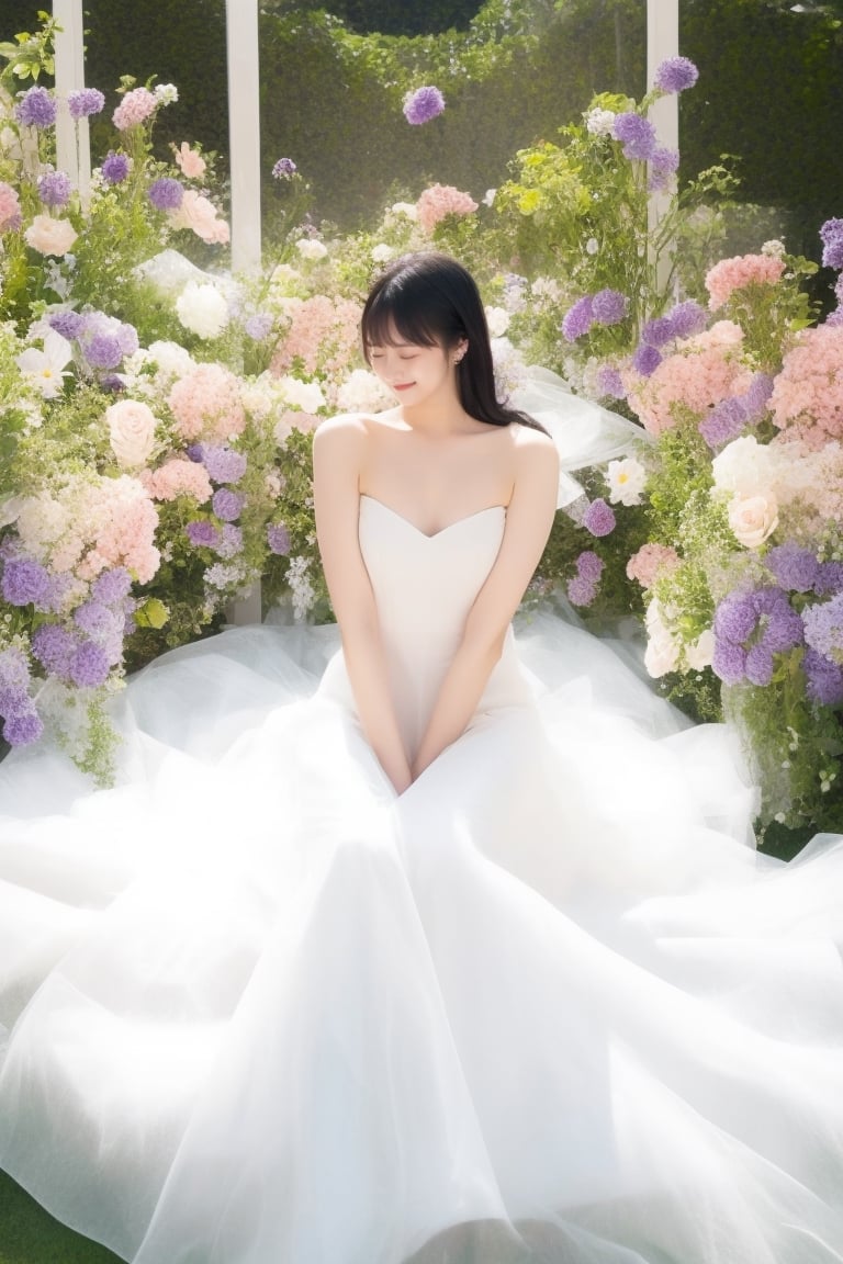 1girl, solo, long hair, black hair, dress, sitting, closed eyes, flower, surreal