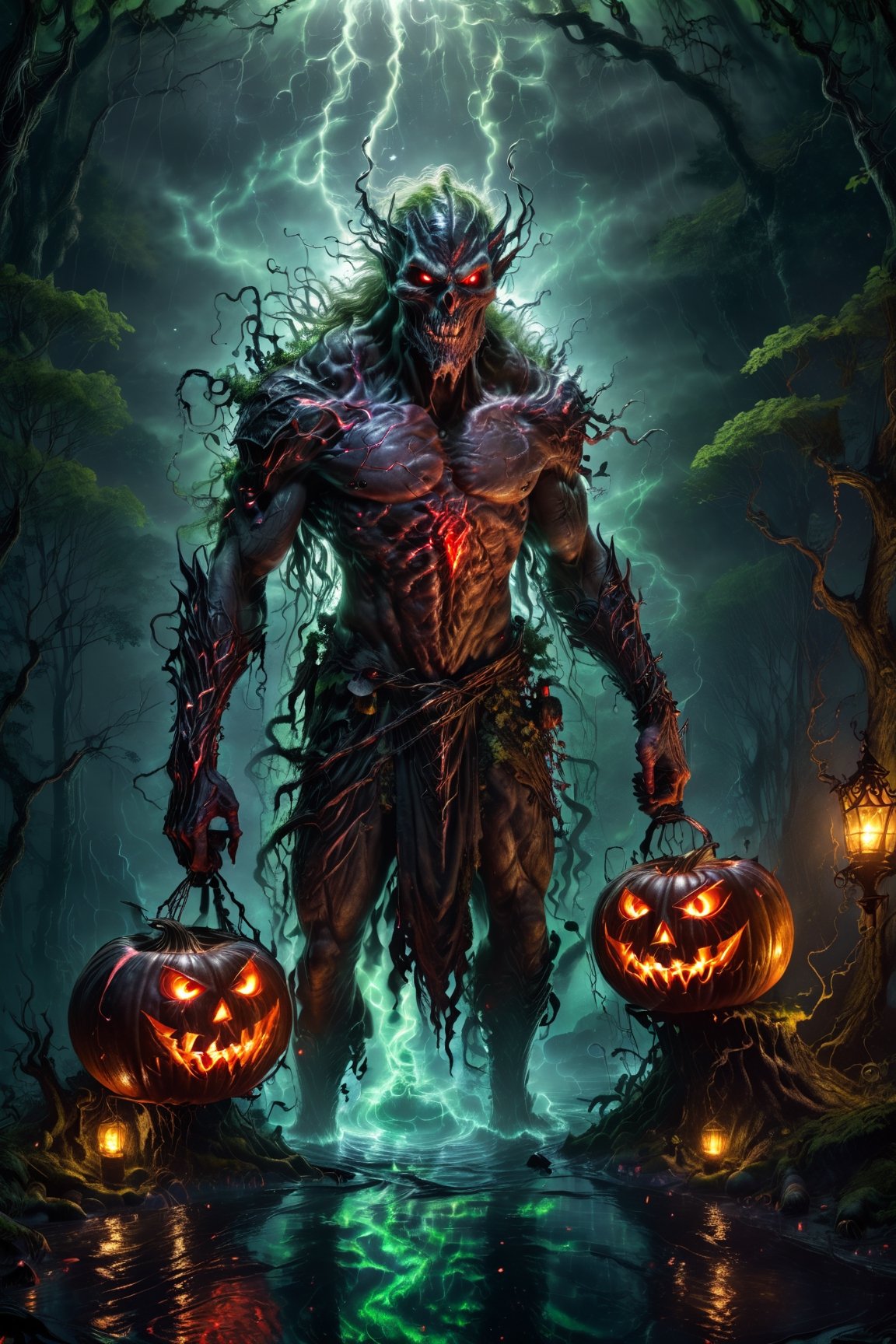 In a horrible fairy tale swamp under the moonlight,  A demon negotiates with a traveler,  (Best quality by TracQuoc on Ten...