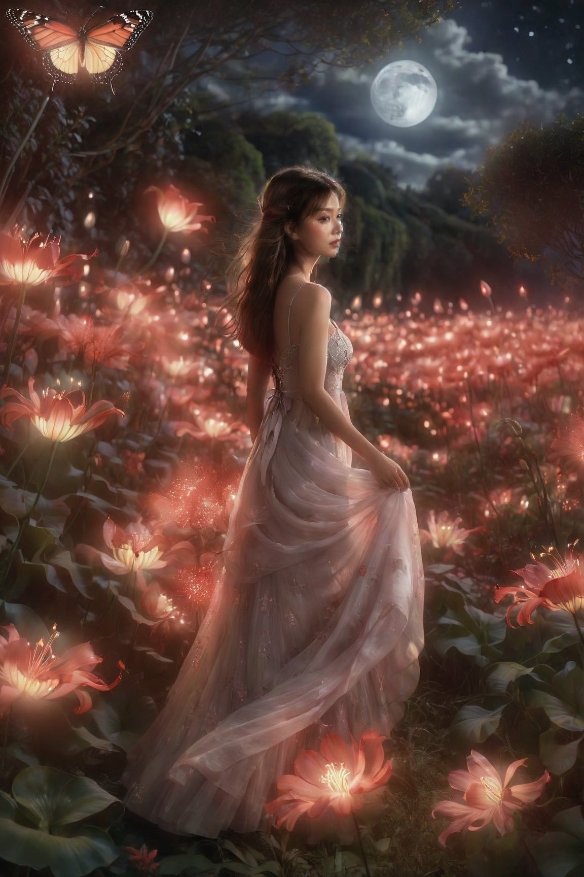 1girl, full body, high detailed, ultra realistic,  Bathed in ethereal moonlight, a figure stands amidst a field of spider lilies, their crimson whispers echoing the sorrow in their eyes. Butterflies, fragile yet determined, flutter around them, drawn to the moonlit beauty and silent lament. (Focus on melancholic ambiance, contrasting colors, and the butterfly's symbolic hope), Movie Still,Amethyst 