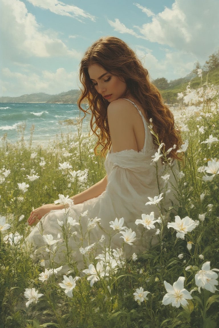 Masterpiece, realistic,  Painting a field of lilies. A woman with a white dress and long brown hair. She is picking lilies of the seashore.(( while Jesus Christ sits next to her watching)).