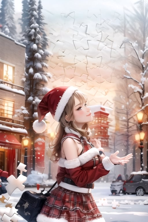 1santa girl,  in the puzzle,  Embrace the winter spirit! Your workflow must include elements inspired by the beauty of snowflakes: 1.4,bg_imgs,, ,puzzle_style