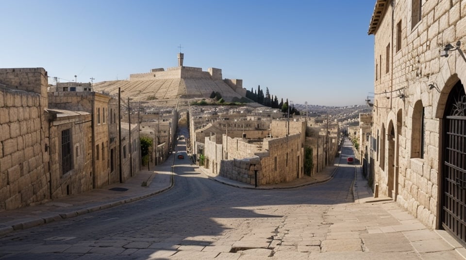 empty Ancient Jerusalem hill street, via dolorosa