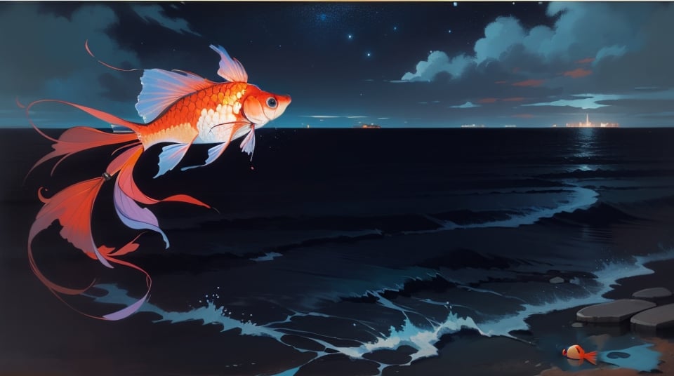 the deep of a dark blue or black sea in night with one single slim small shining goldfish, art paiting, oil painting, pastel