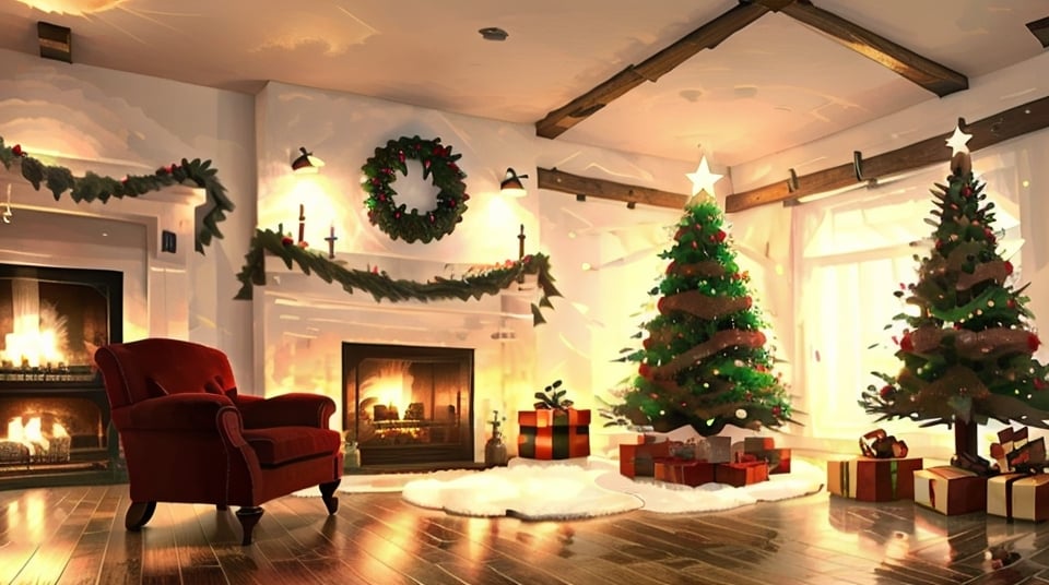 Christmas tree big, chimney, comfy lovely living room with Christmas decorations, wooden_floor 